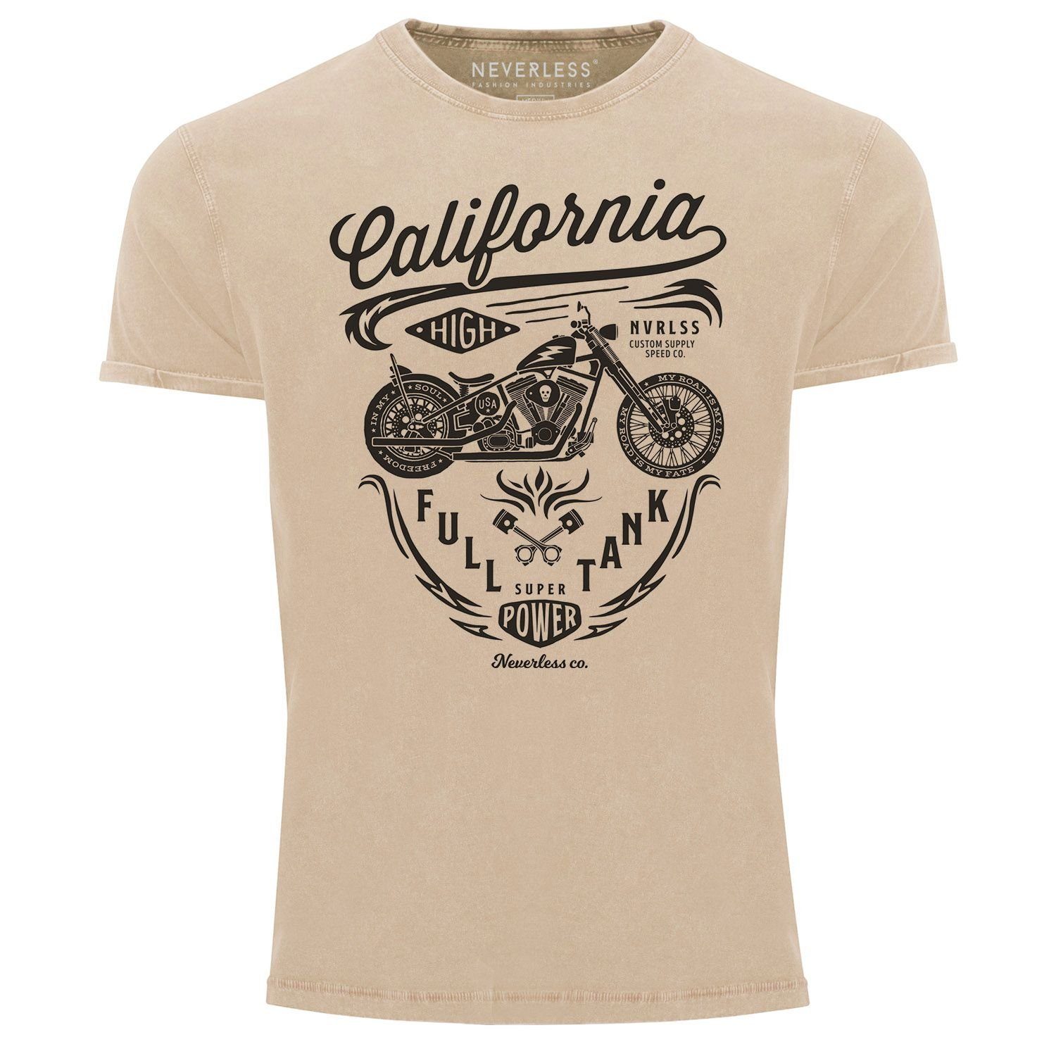 Neverless Print-Shirt Herren Vintage Shirt Biker Motorrad Schriftzug California Full Tank Used Look Slim Fit Neverless® mit Print natur