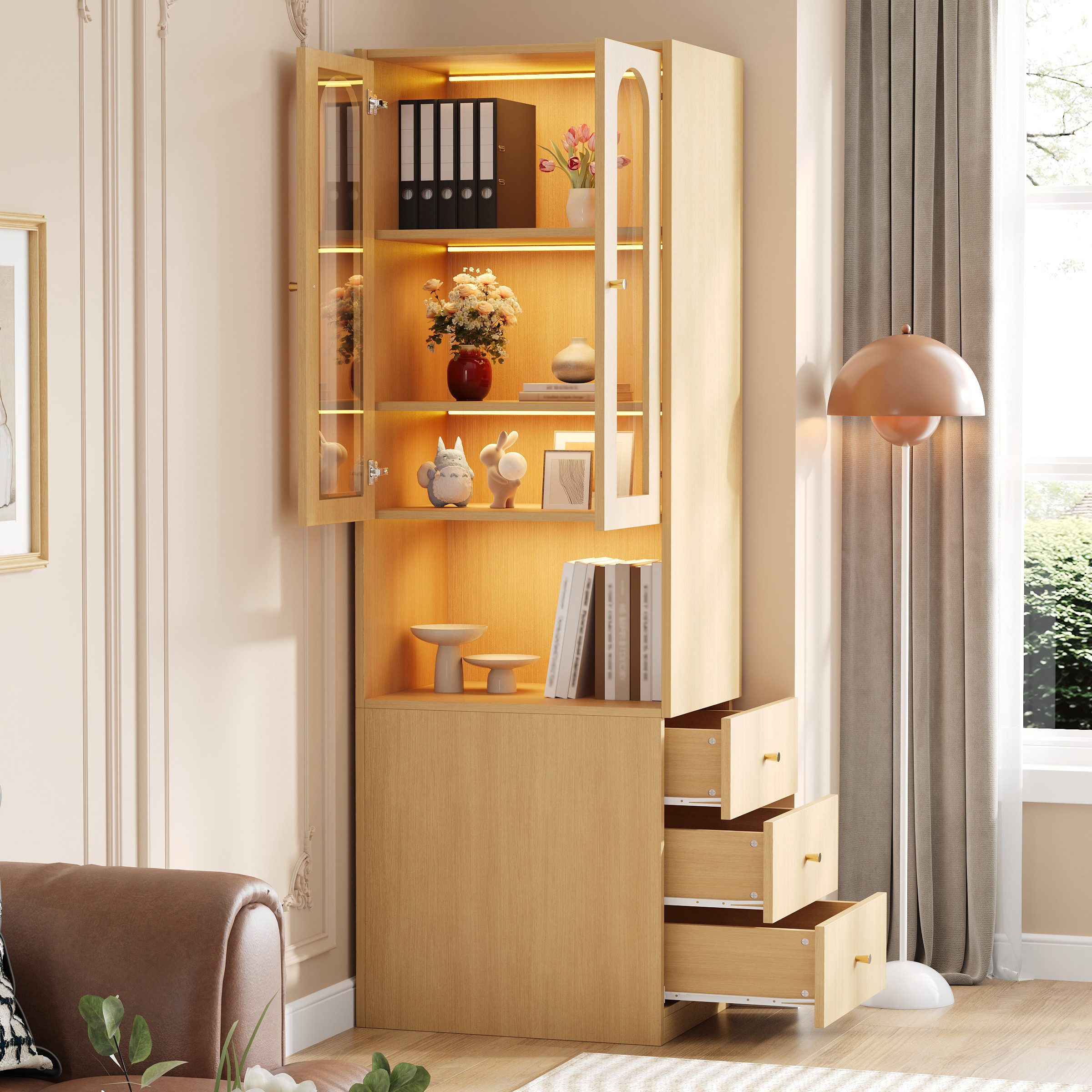 Flieks Eckschrank mit LED-Beleuchtung, Glastüren, Schubladen, links&rechts austauschbar (1-St., B60/T40/H200 cm) Bücherregal Hochschrank Glasvitrine Mehrzweckschrank Holzoptik