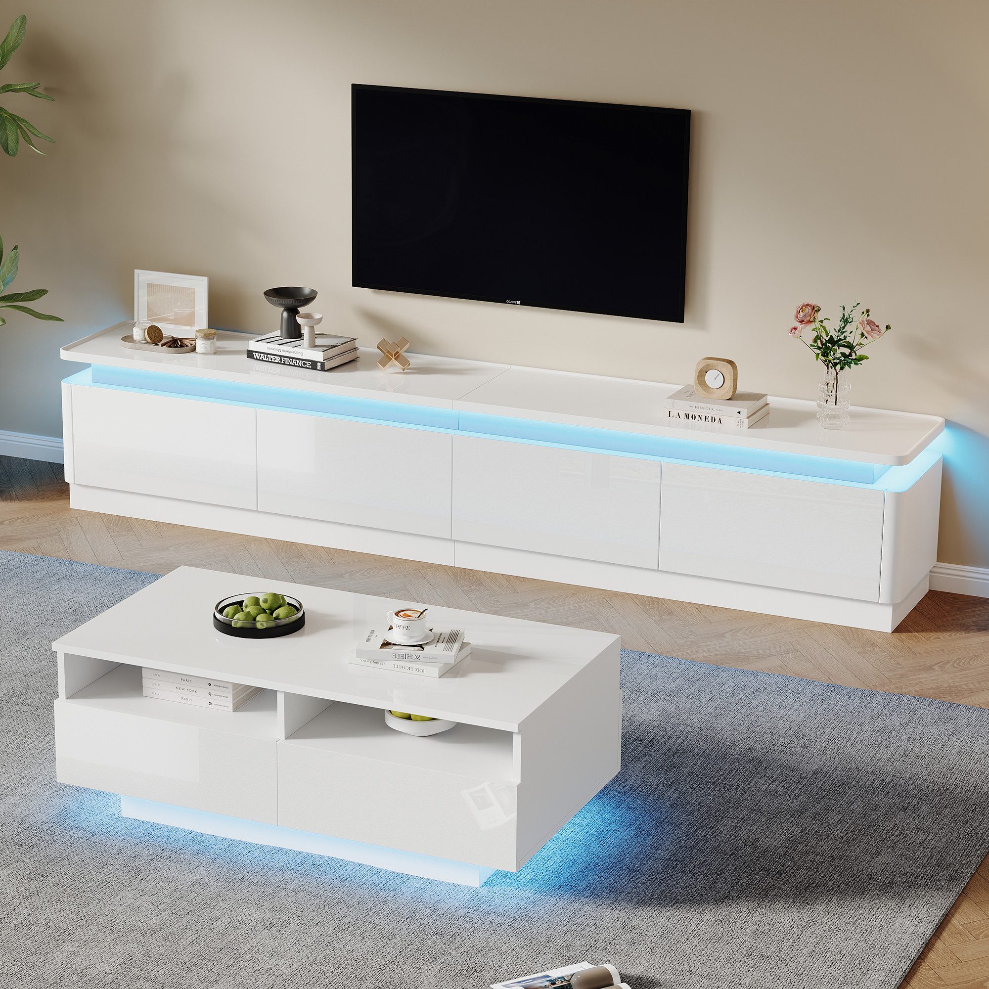 MODFU Wohnzimmer-Set Wohnzimmer-Set, (Fernsehtisch, Beistelltisch, 1-St., mit LED-Leuchten + Выдвижные ящики), für 75-Zoll-Fernseher