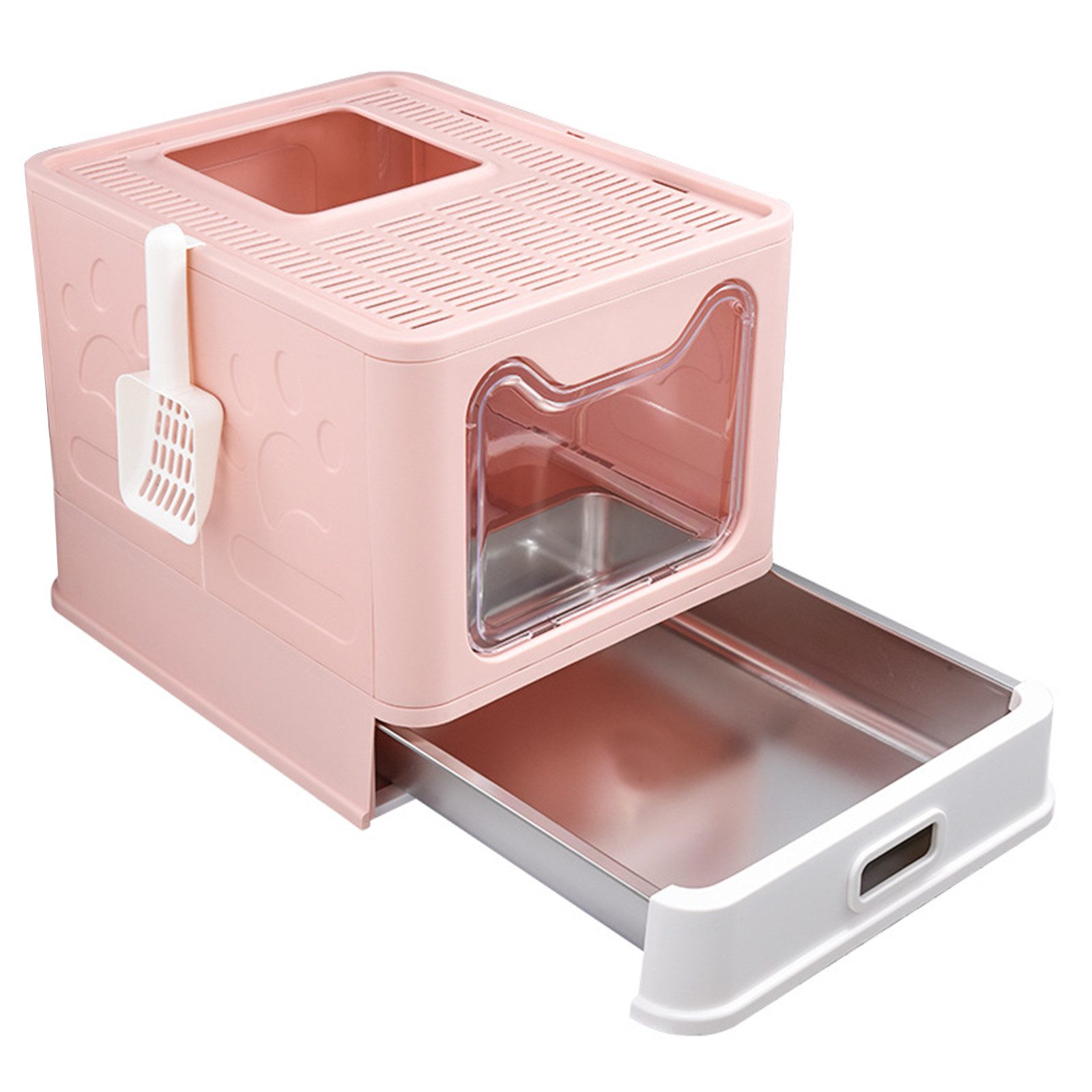 JEOBEST Katzentoilette Geschlossenes Katzenklo mit Dach, Rostfreier Edelstahl-Schublade, Anti-Streu-Design, Katzenklo-Schaufel, für Katzen bis 15kg