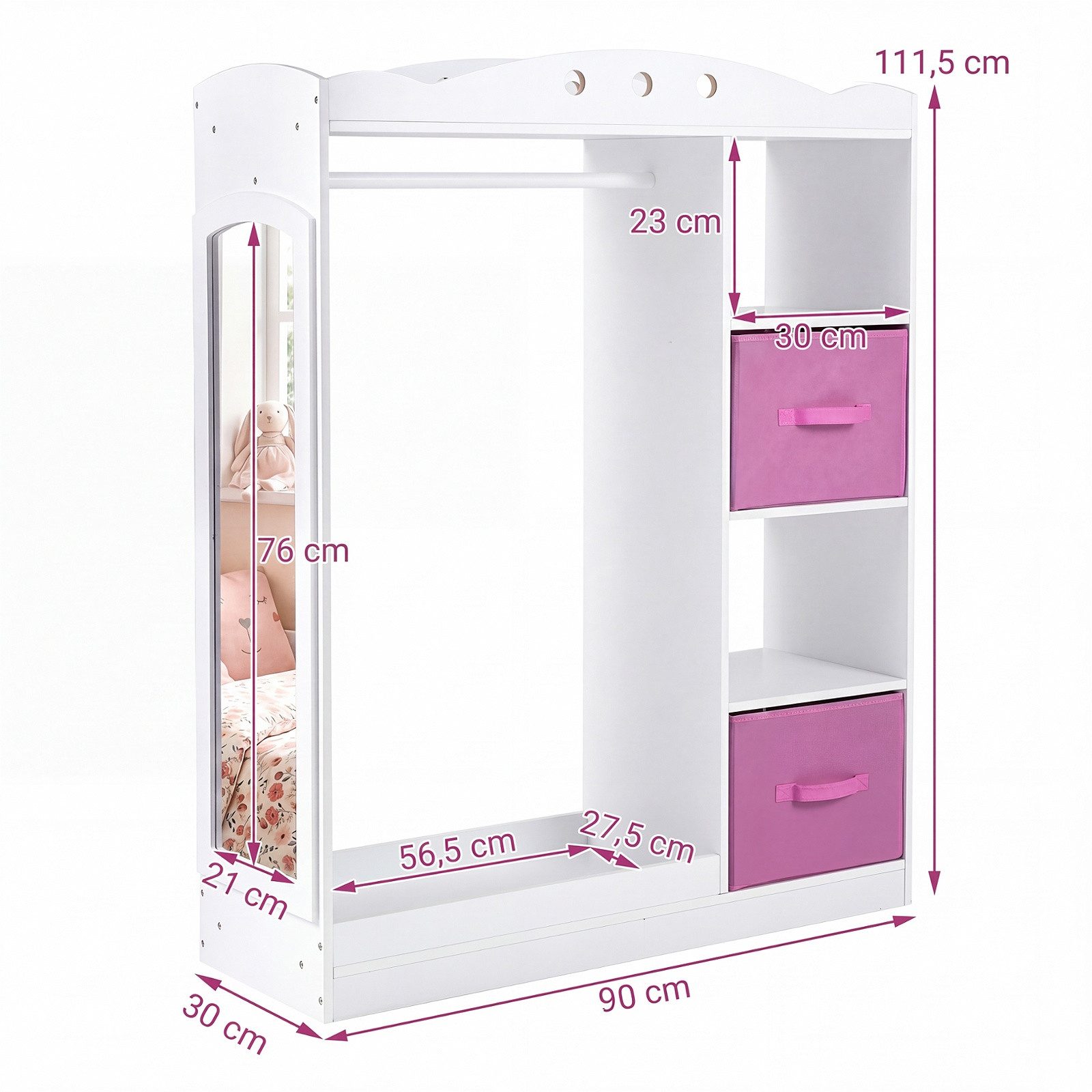 COSTWAY Kleiderständer, Kindergarderobe mit Spiegel, Garderobe Prinzessin