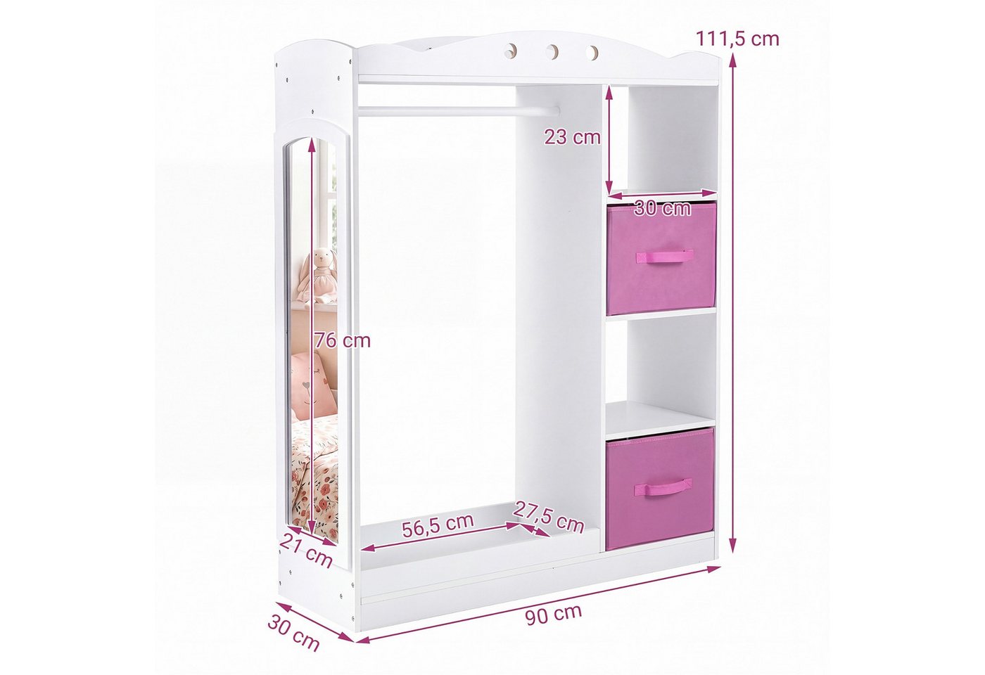 COSTWAY Kleiderständer, Kindergarderobe mit Spiegel, Garderobe Prinzessin