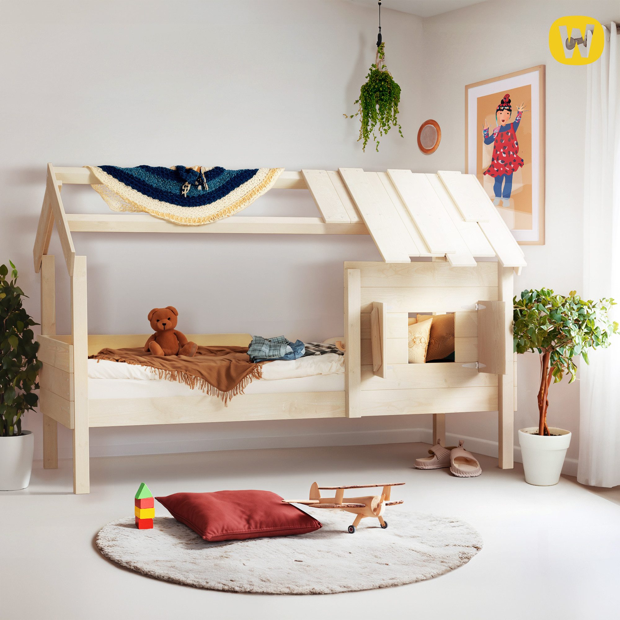 Wickey Kinderbett CrAzY Sunrise - Einzelbett mit Fenster aus Massivholz (Set, stabile Konstruktion mit 18 mm Lattenboden), Spielbett im kindgerechten Design als gemütlicher Rückzugsort