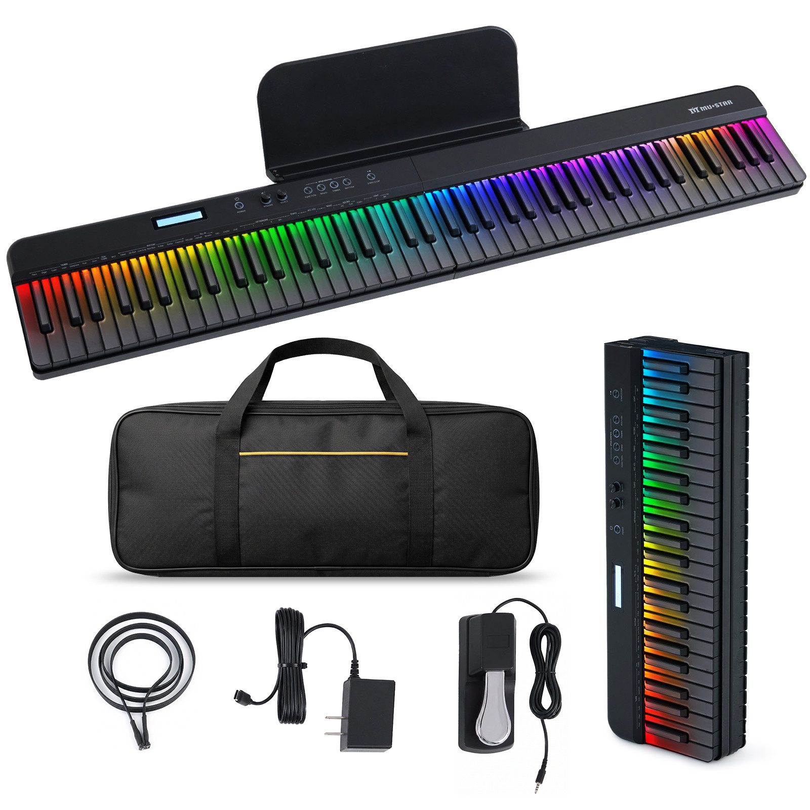 MUSTAR Digitalpiano mit LED-Tasten, USB-MIDI und Sustain-Pedal, 88-Tasten, 120x20cm (1-St), Magnet-Design, 128 Klänge, Bluetooth, Akku & Tasche