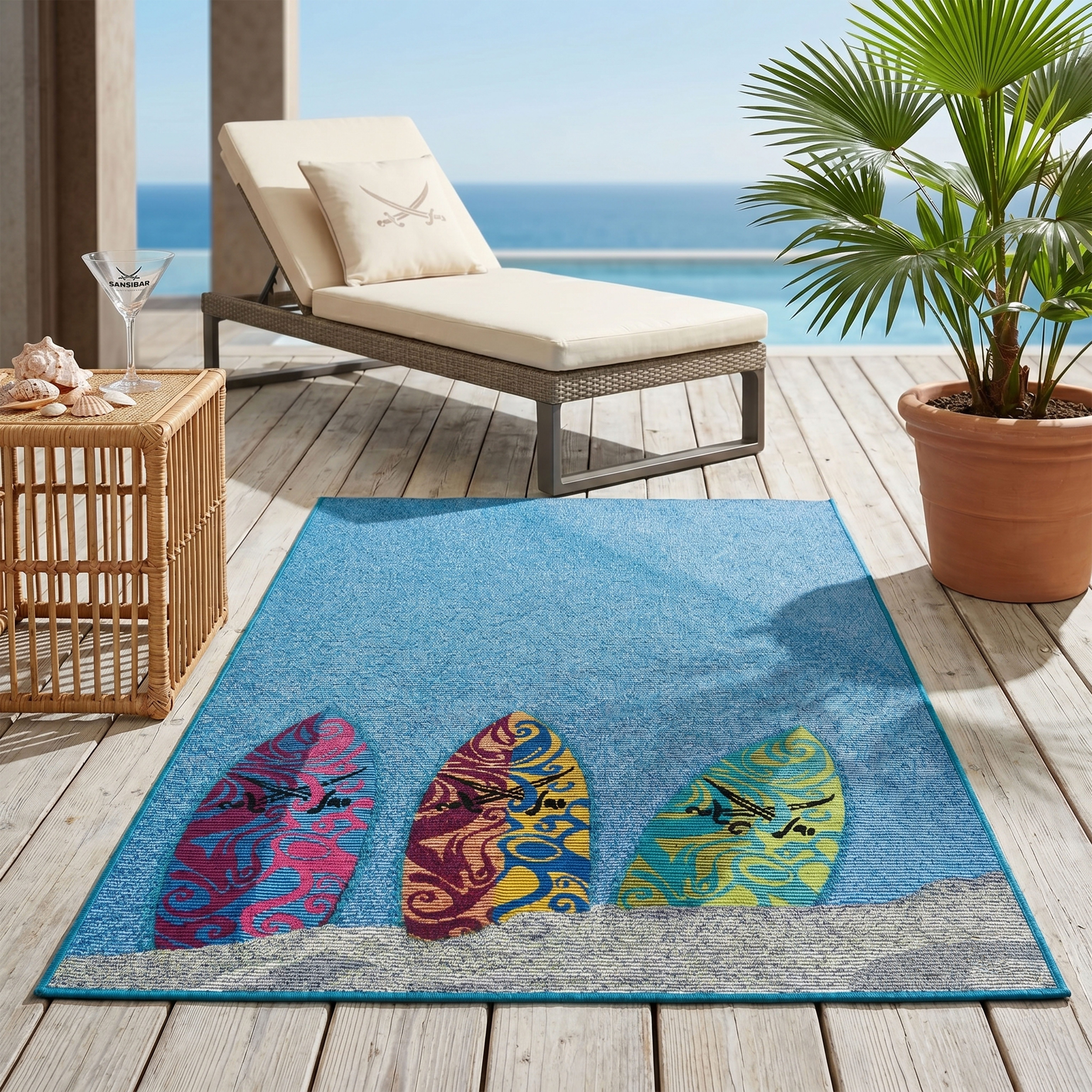 Sansibar Teppich Rantum Beach SA-018, rechteckig, Höhe: 5 mm, Flachgewebe, modernes Design, Surfboards, In- und Outdoor geeignet