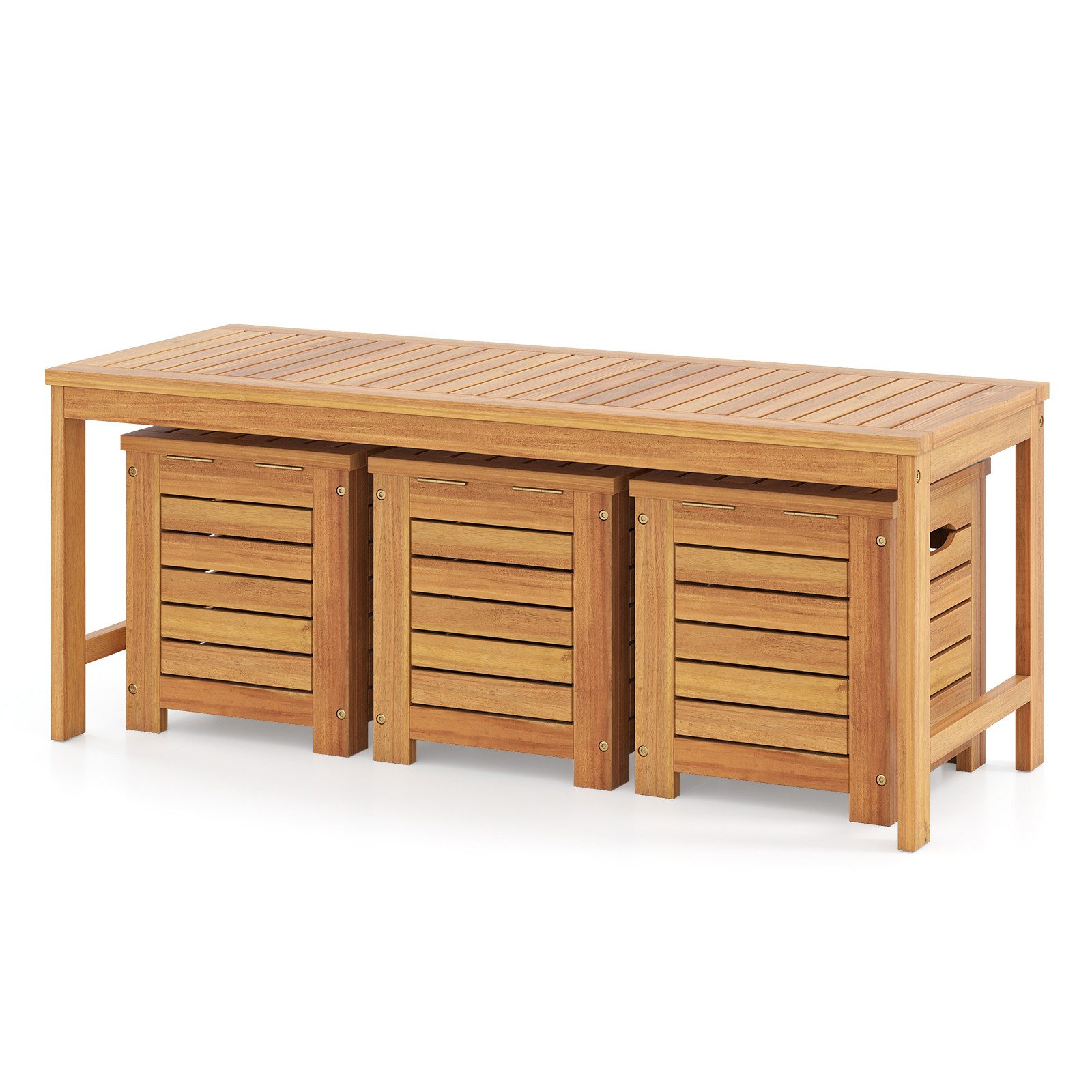 COSTWAY Gartenbank, Holz mit 3 Aufbewahrungsboxen wetterfest 2-Sitzer 115cm