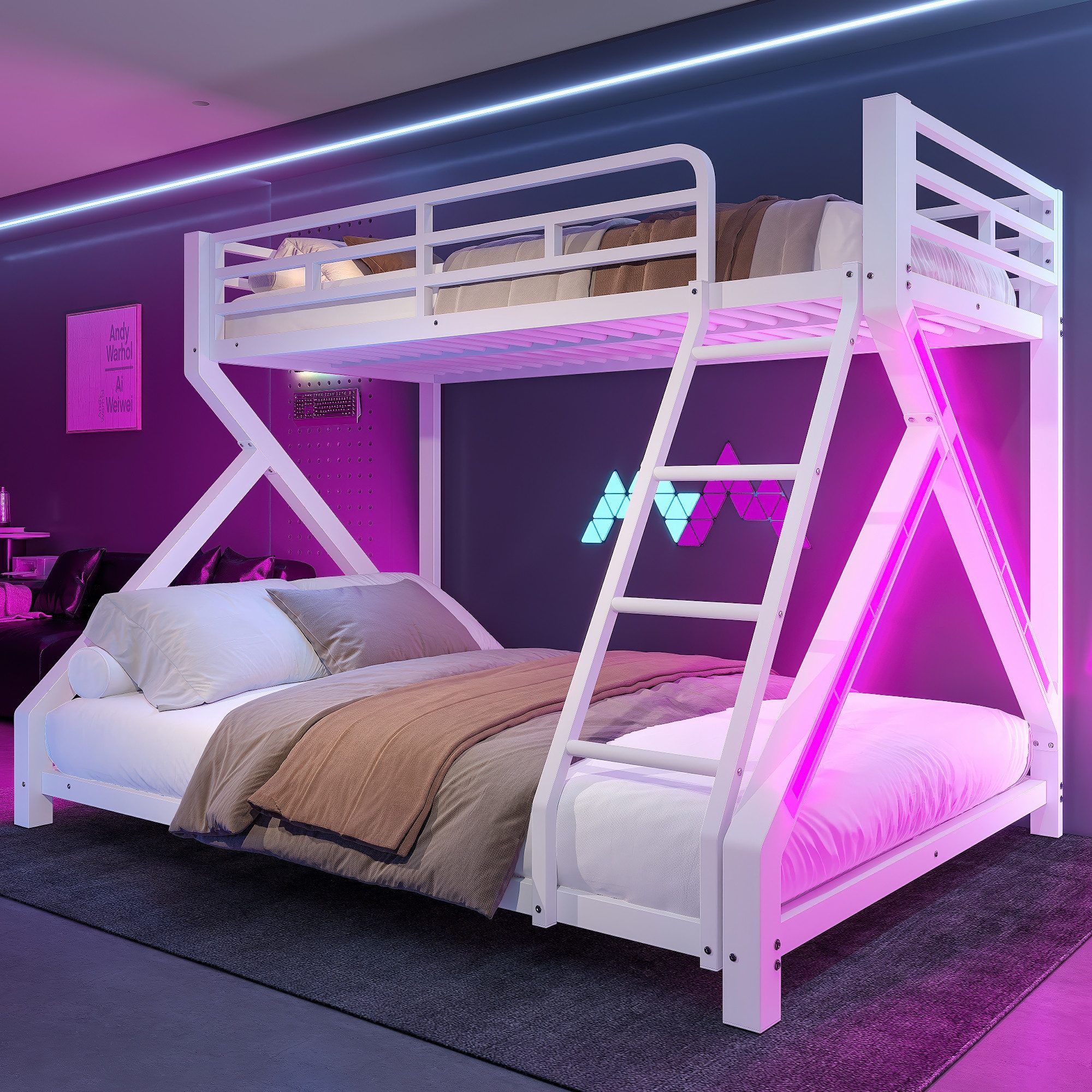 Merax Etagenbett 90x200cm/140x200cm mit LED-Lichtleiste (Set, 1-St., Jugendbett Doppelbett), Metallbett Stockbett Kinderbett mit Sicherheitsgeländer und Leiter
