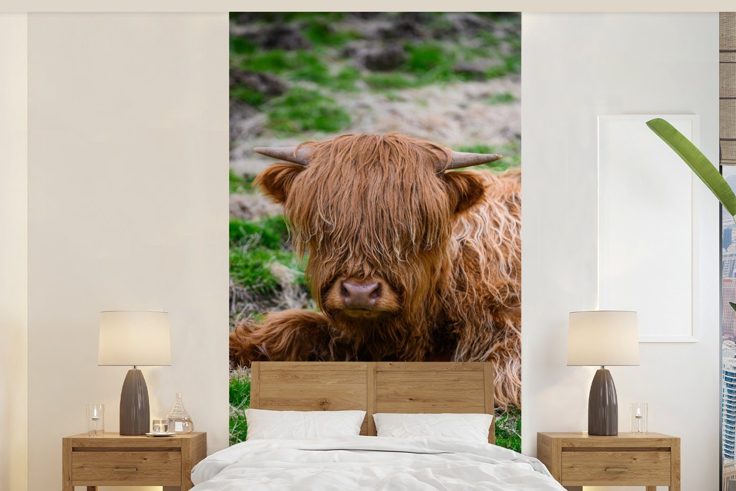 MuchoWow Fototapete Schottischer Highlander - Heu - Gras, Matt, bedruckt, (2 St), Vliestapete für Wohnzimmer Schlafzimmer Küche, Fototapete | Fototapeten