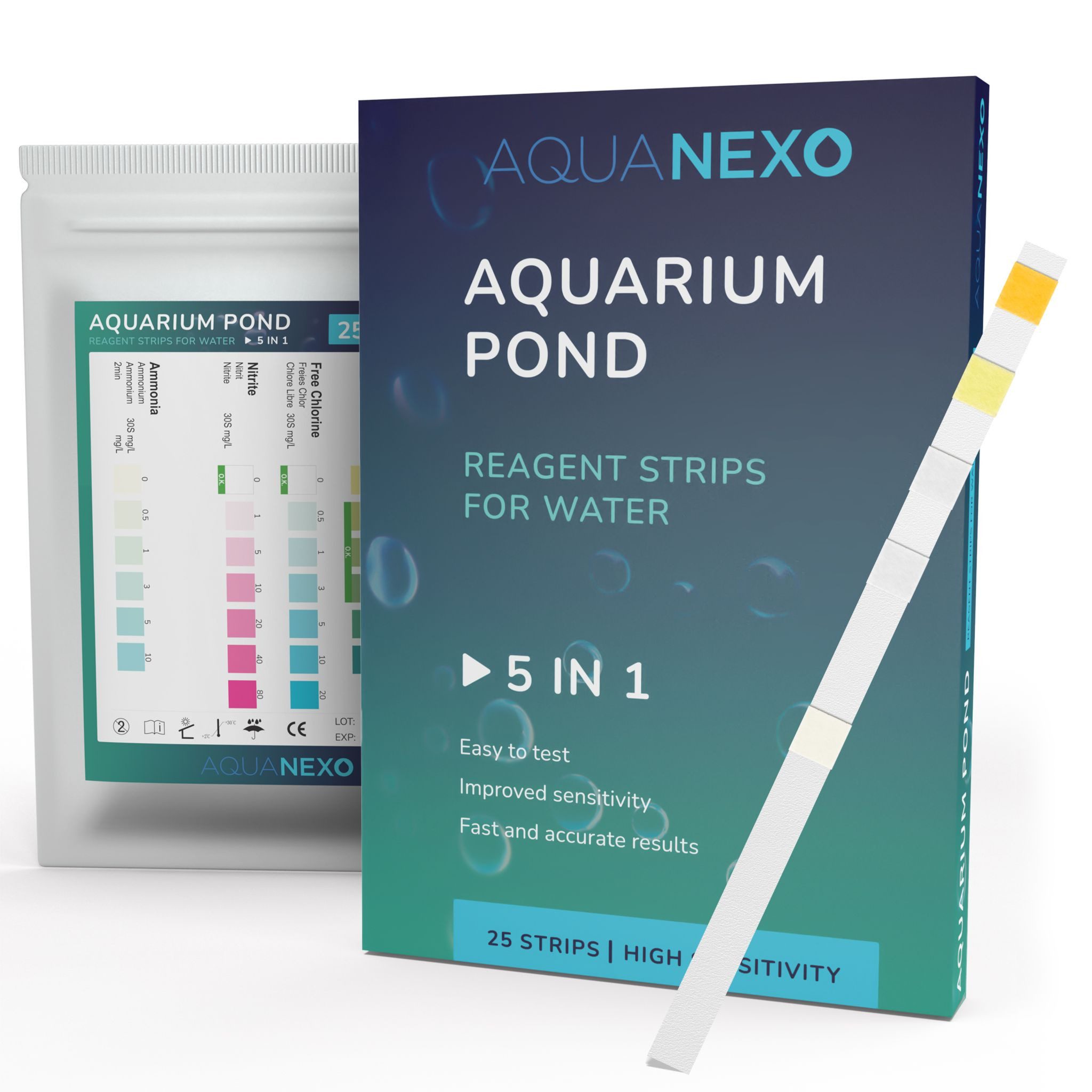 AquaNexo Aquarium-Wassertest Aquanexo 5in1 Aquarium Teststreifen – Wassertest, 25 Stück, Schnelltest für Zuhause