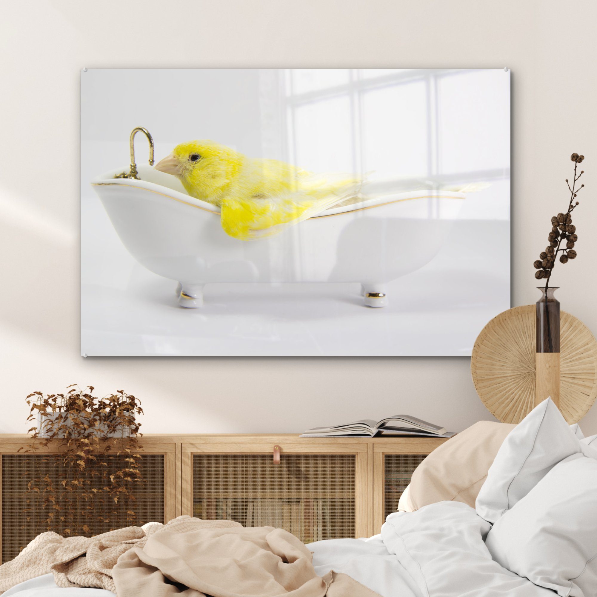 einer Acrylglasbilder Schlafzimmer Badewanne, Gelber in Wohnzimmer MuchoWow (1 Acrylglasbild weißen & St), Kanarienvogel