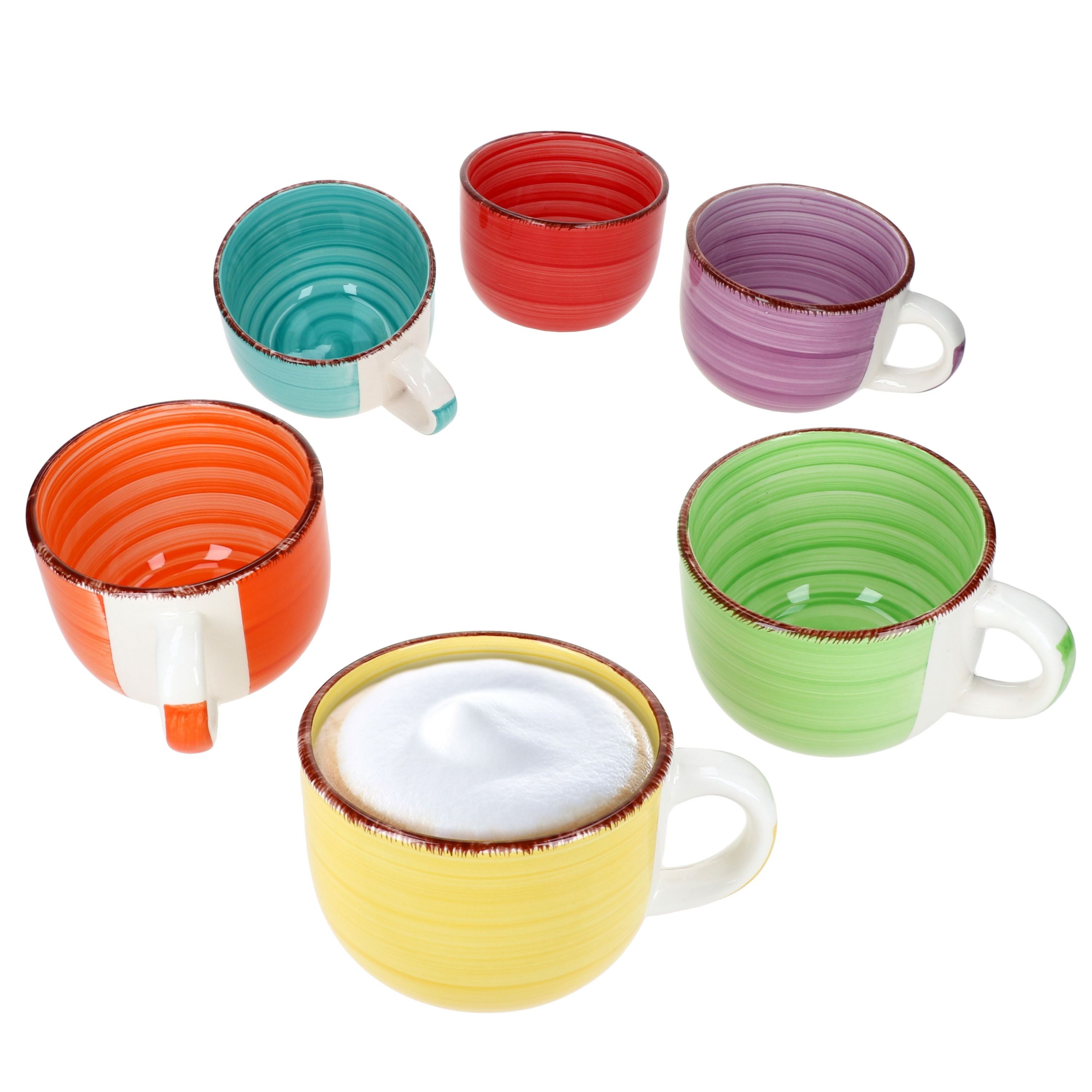 MamboCat Becher 6er Set Uni Jumbotasse 400ml 6 Personen bunte XL-Becher Kakao Kaffee, Steingut