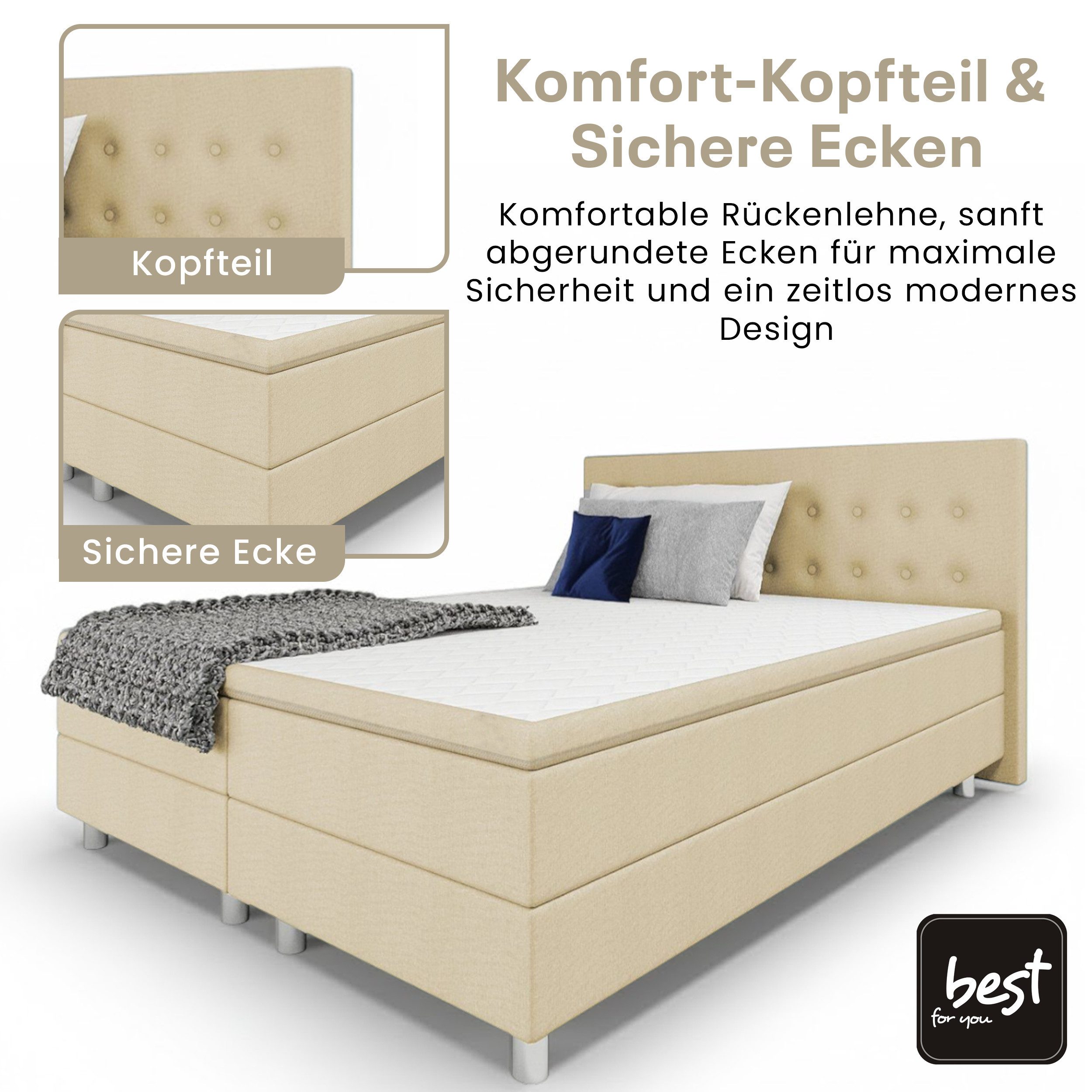 Best for Home Boxspringbett mit gepolstertem Kopfteil, komfortabler Bonnell-Matratze & 5 cm Topper (Boxspringbett-Set mit Matratze und Topper, 1-St., 90x200 120x200 140x200 160x200 180x200 200x200), Handwerksqualität,TOP Preis-Leistungs-Verhältnis