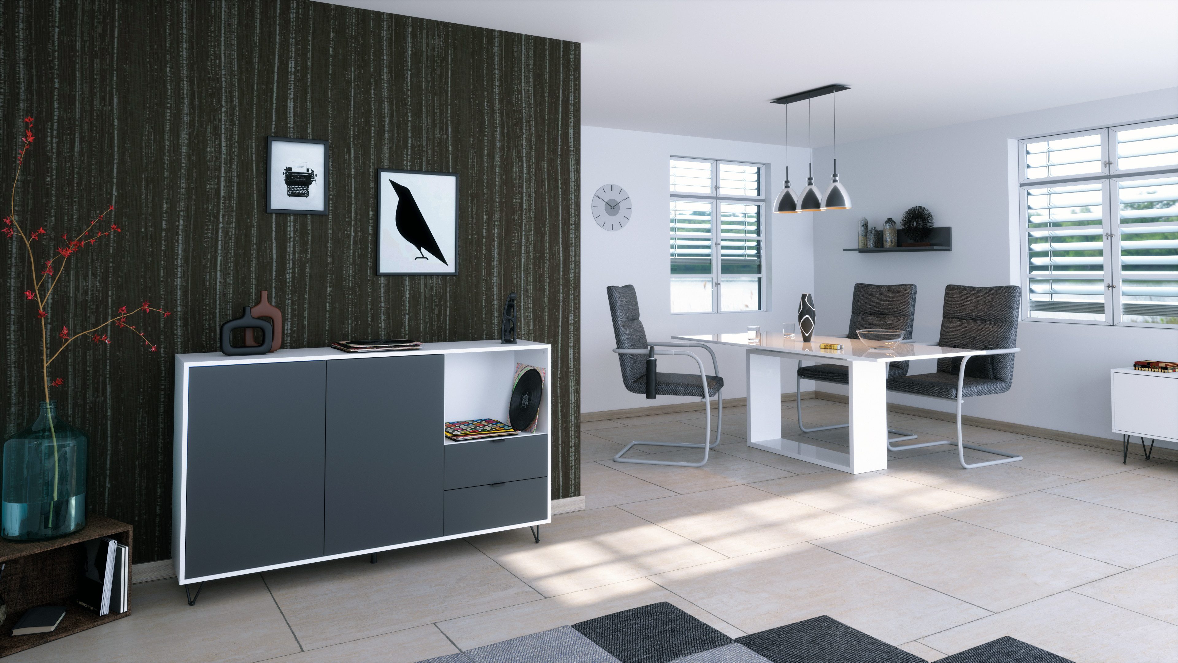 Vladon Sideboard Marino (Kommode mit 2 Türen Anthrazit matt, 2 Schubladen Anthrazit matt, Made in Germany), Korpus Weiß matt (152,5 x 90,5 x 37 cm)