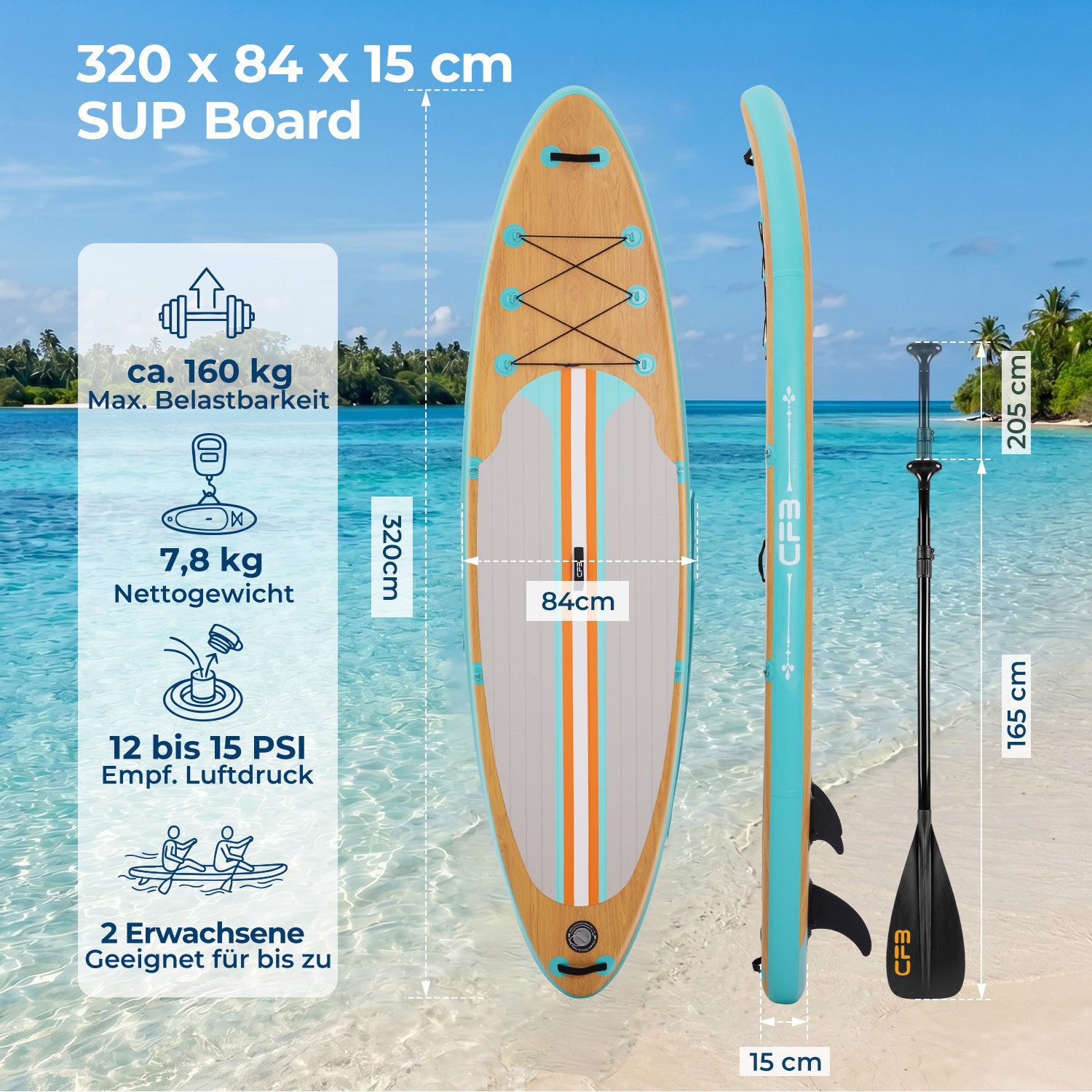 CFB SUP-Board Set 320x84x15 cm, 160 kg Traglast, extra breites iSUP in Holzoptik, aufblasbares Stand Up Paddle Board, (Inflatable SUP-Board, 12 tlg., Komplett-Set mit Alu-Paddel, Pumpe, Rucksack, 5L Dry Bag, Schultergurt), Das kipp-sichere Allround-Board für Anfänger & Familien