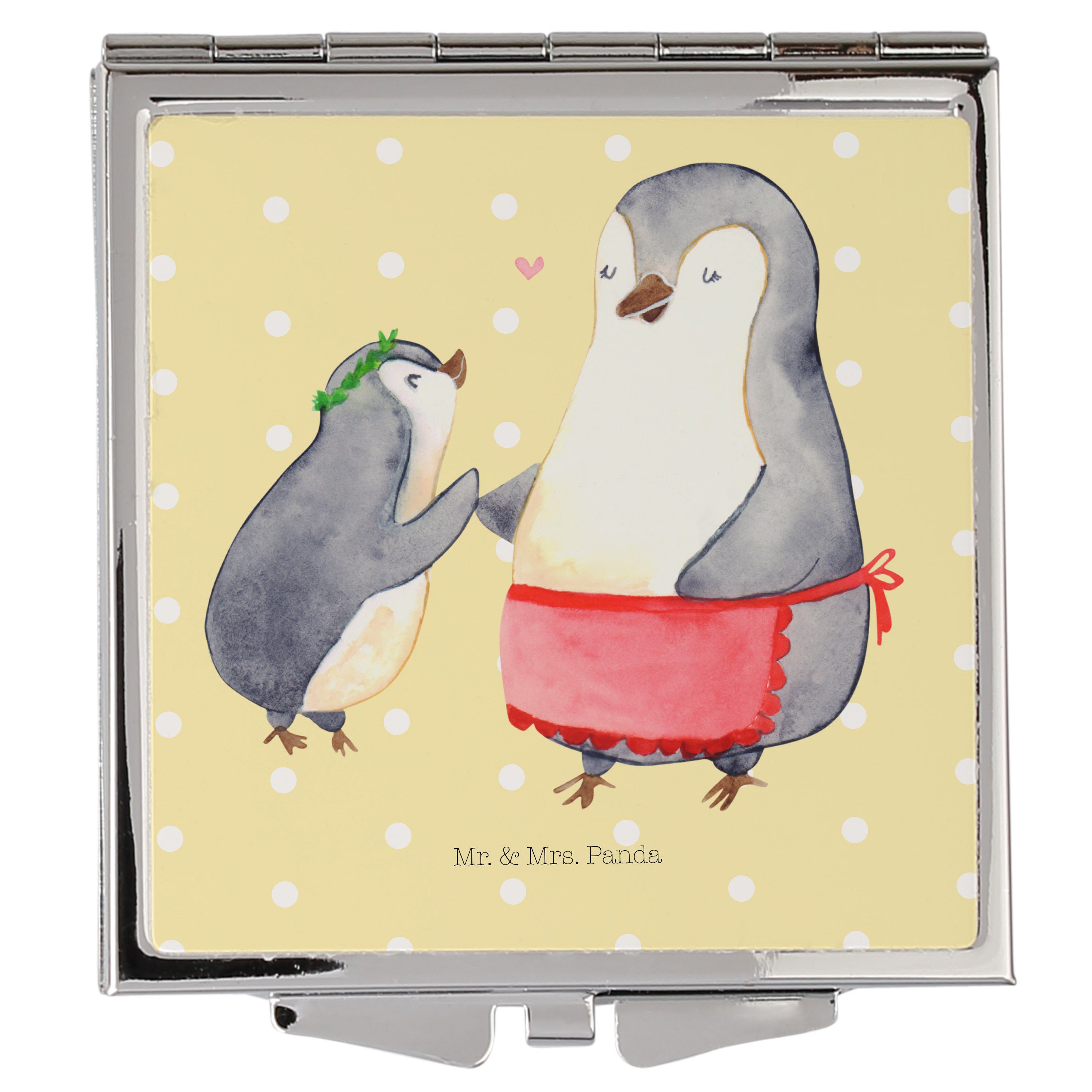 Mr. & Mrs. Panda Kosmetikspiegel Pinguin mit Kind - Gelb Pastell - Geschenk, silber, Schminkspiegel, s (1-St)