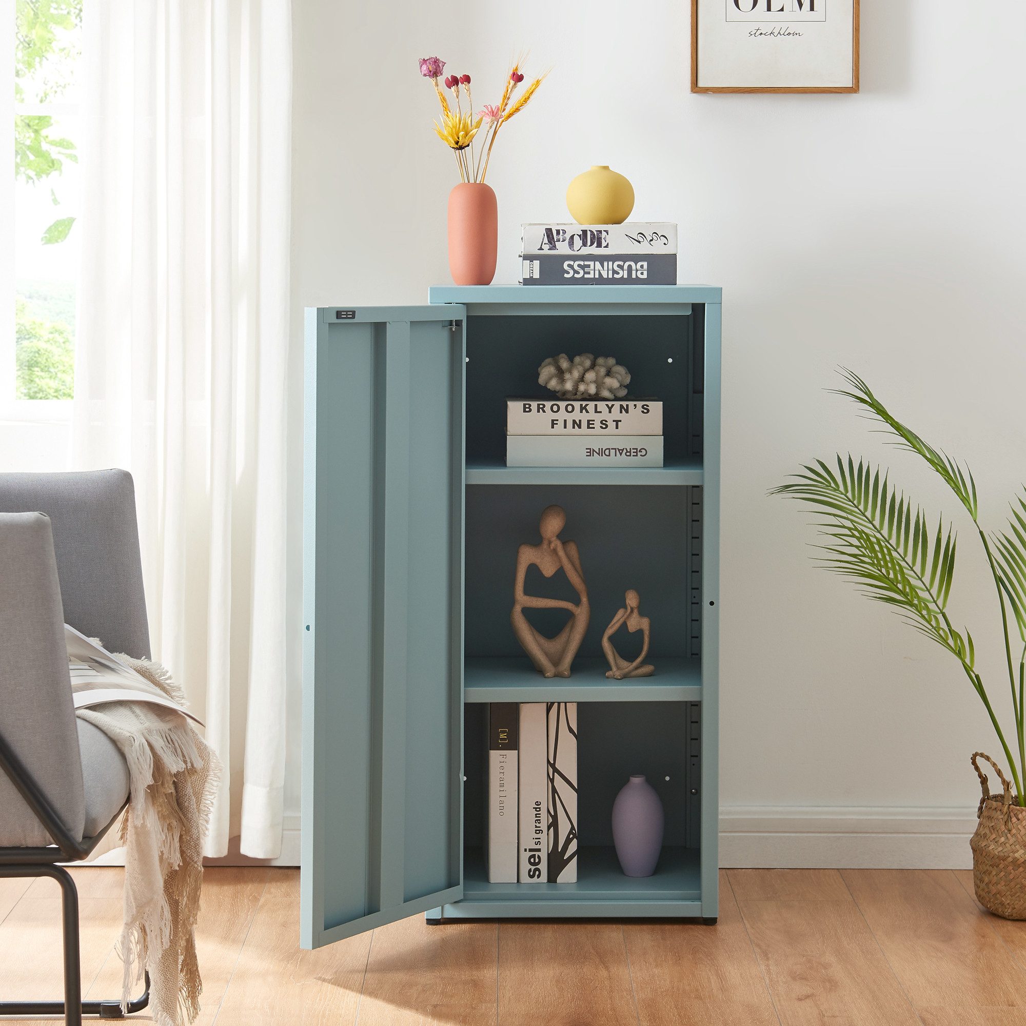 en.casa Mehrzweckschrank »Burlöv« mit 1 Tür und 2 Ablagen 88x40x35 cm Graublau
