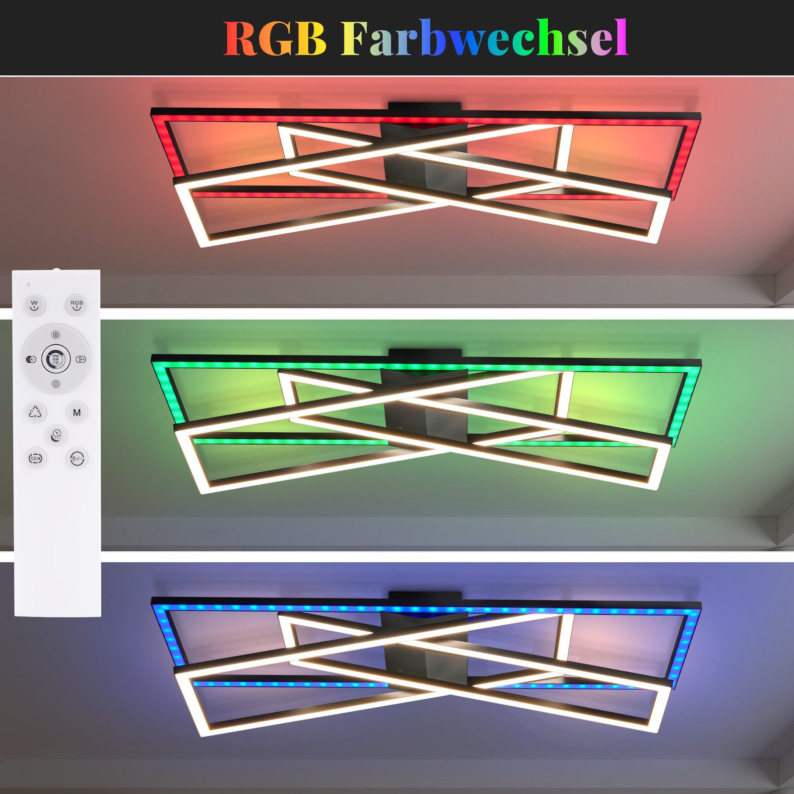 Nettlife LED Deckenleuchte Schwarz RGB Farbwechsel Dimmbar Wohnzimmer 36W Modern Rechteckig, Dimmbar,RGB