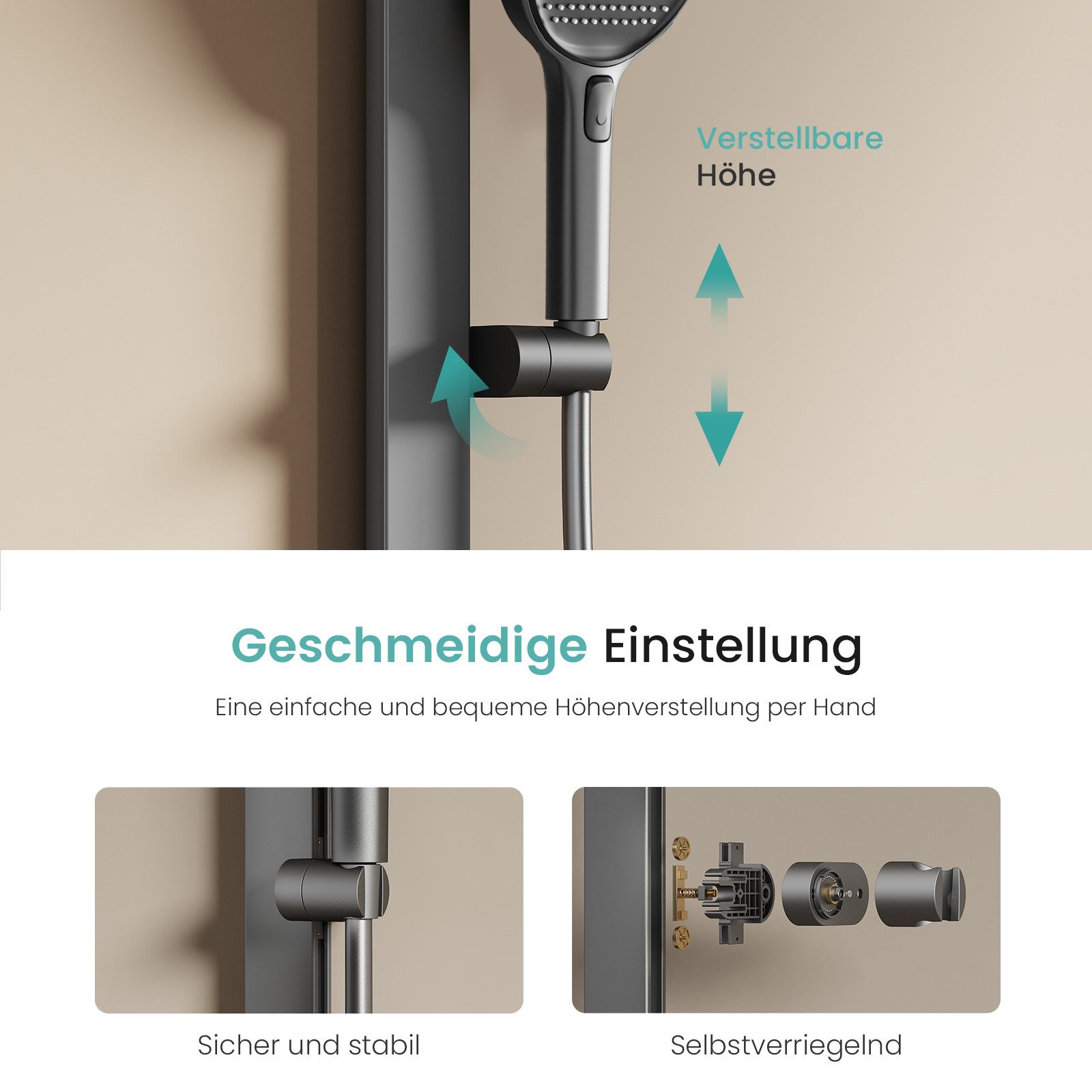 EMKE Duschsystem mit 40cm Glas Thermostat Ablage Home Duschstange aus Messing Set, Höhe 110 cm, 4 Strahlart(en), Set, Brauseschlauch,Thermostat mit Brausegarnit – Bild 5 von 5