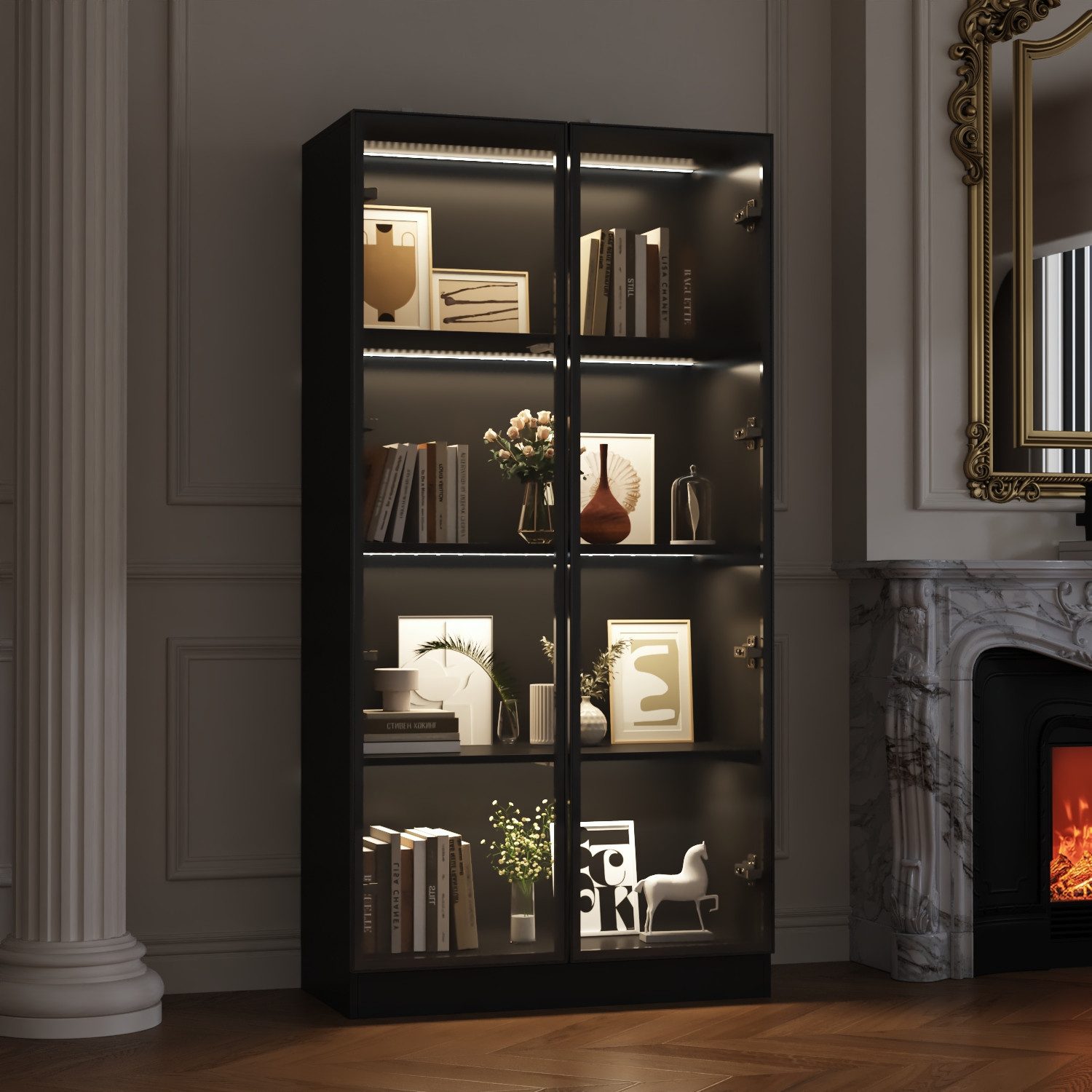 FUFU&GAGA Glasvitrine Vitrine mit Glastüren und LED-Beleuchtung, MDF+Glas, 80×40×160 cm – Bild 2 von 5