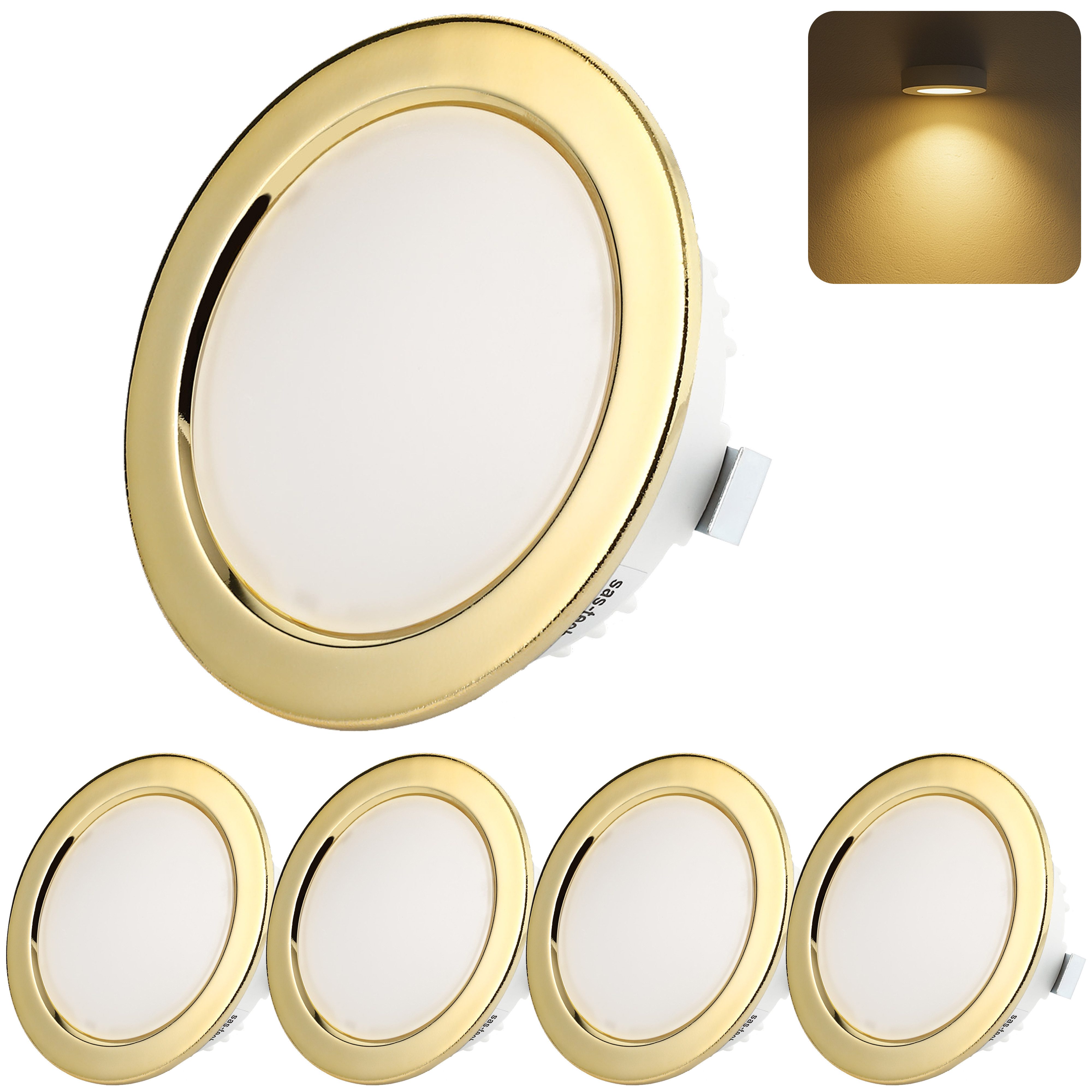 Sweet LED LED Einbaustrahler 4er Set 3,5W 230V IP44 Gold 3000K Möbel Spots Bad Flach Ø60mm, 3000K - warmweiß, Deckenspots, Deckenstrahler,Einbauleuchten