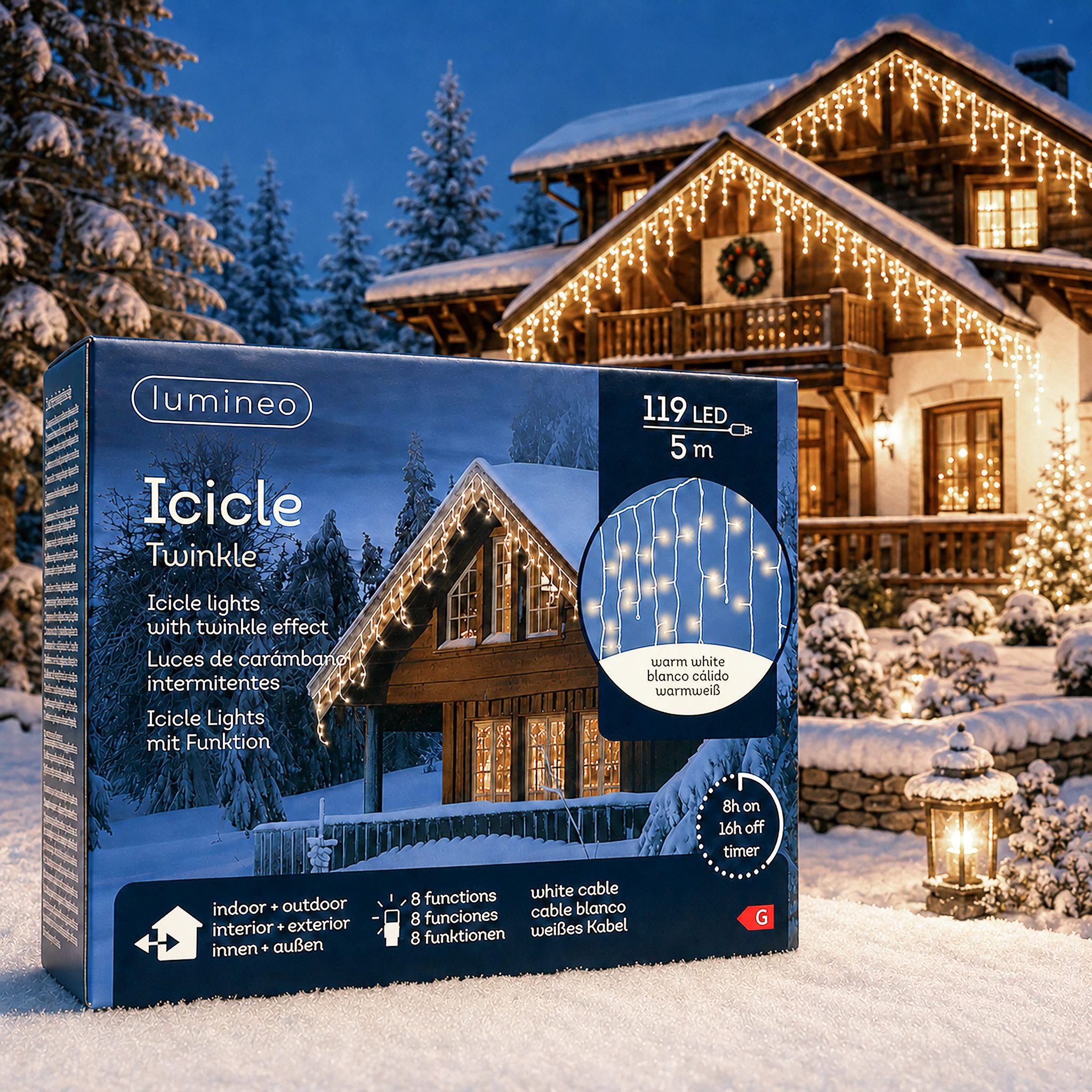 Lumineo LED-Lichterkette, LED Eiszapfen Lichterkette 5m - 34 Lichtstränge 119 LEDs Warmweiß Weiß
