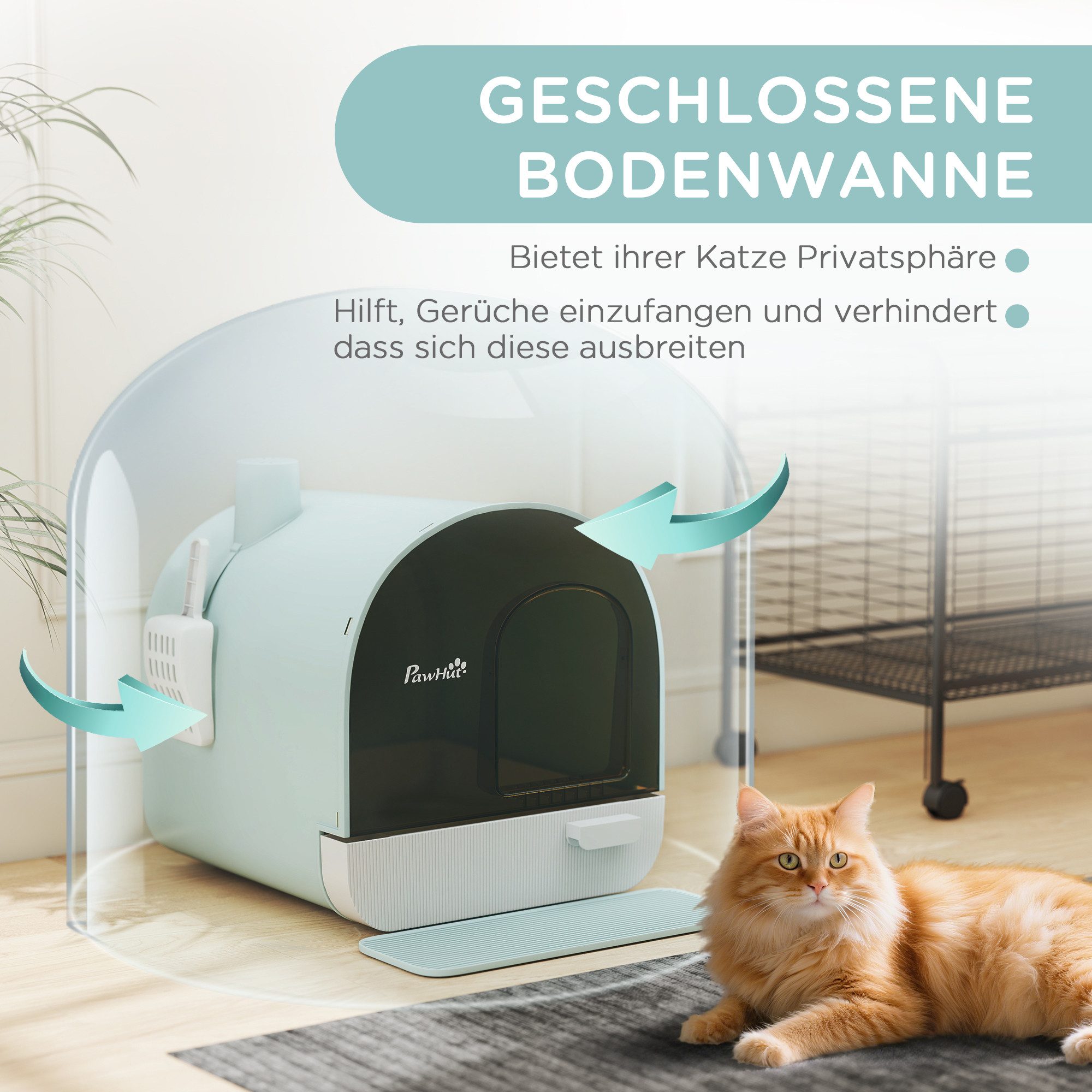 PawHut Katzentoilette Streuschaufel, Streufangmatte mit Deckel, für Wohnzimmer, Grün – Bild 5 von 5