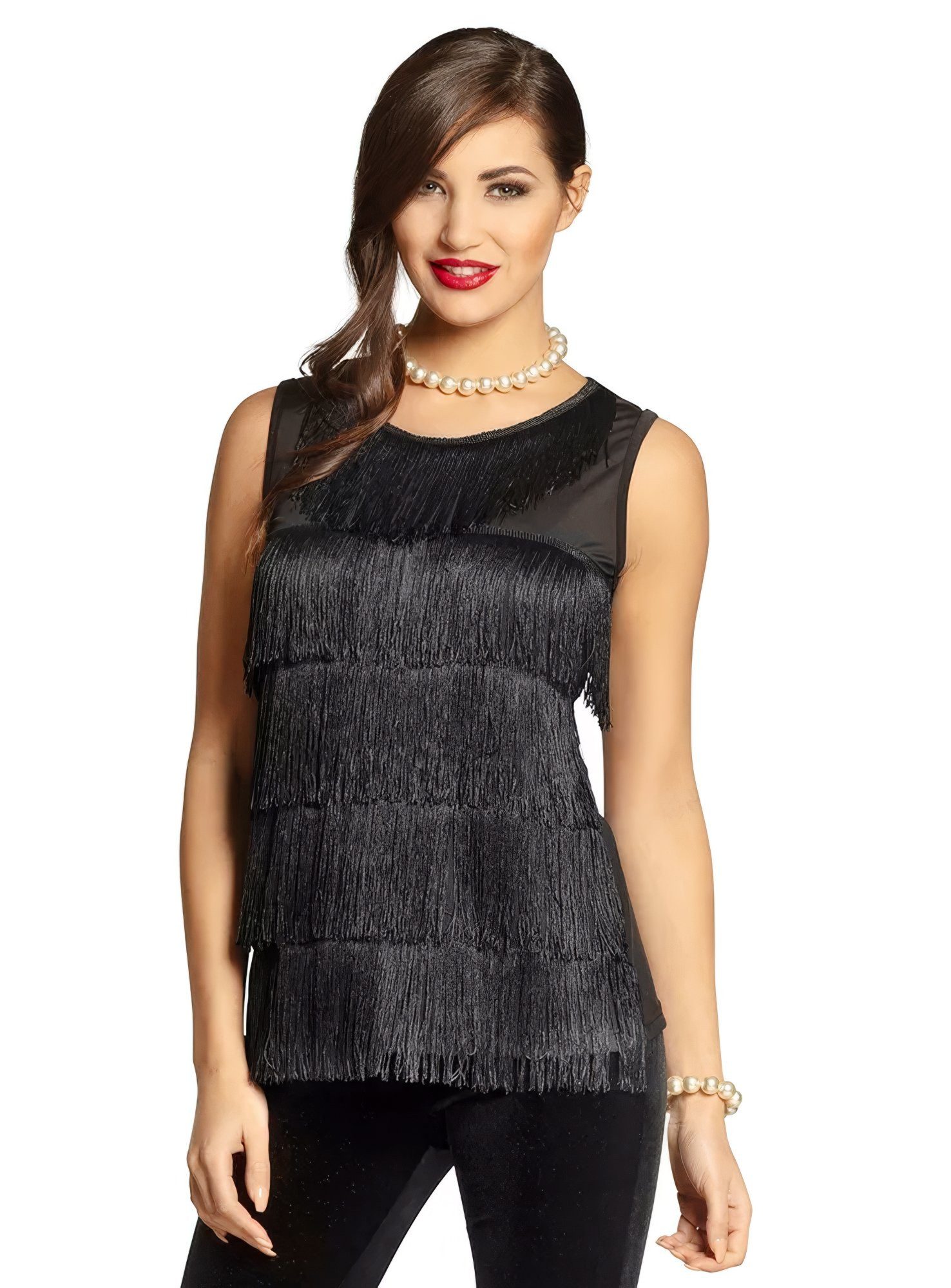 Boland Kostüm Flapper Top schwarz, Ärmelloses Oberteil im Stile eines Fransenkleids
