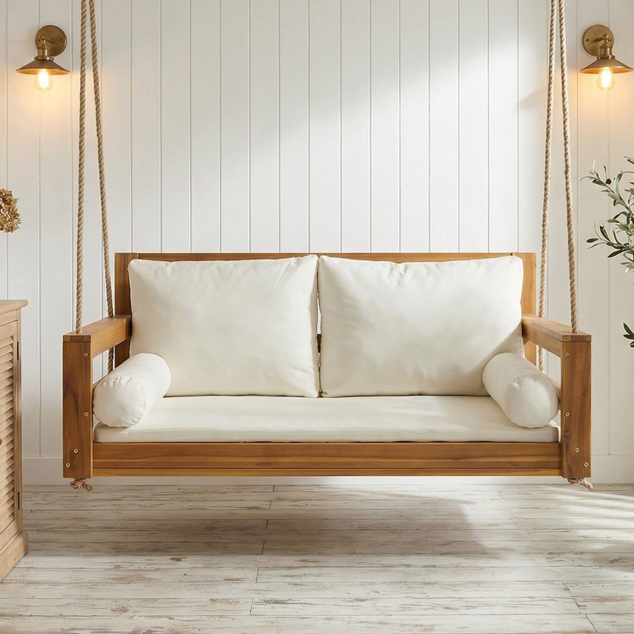 REDOM Hängesessel Inkl. abnehmbarem & waschbarem Kissen, 2 Seile (Packung, 1-St., Schaukel-Doppelsitz für Garten, Massivholz + Beige, Akazienholz), Hängeschaukel für Terrasse & Balkon, Gestell nicht enthalten