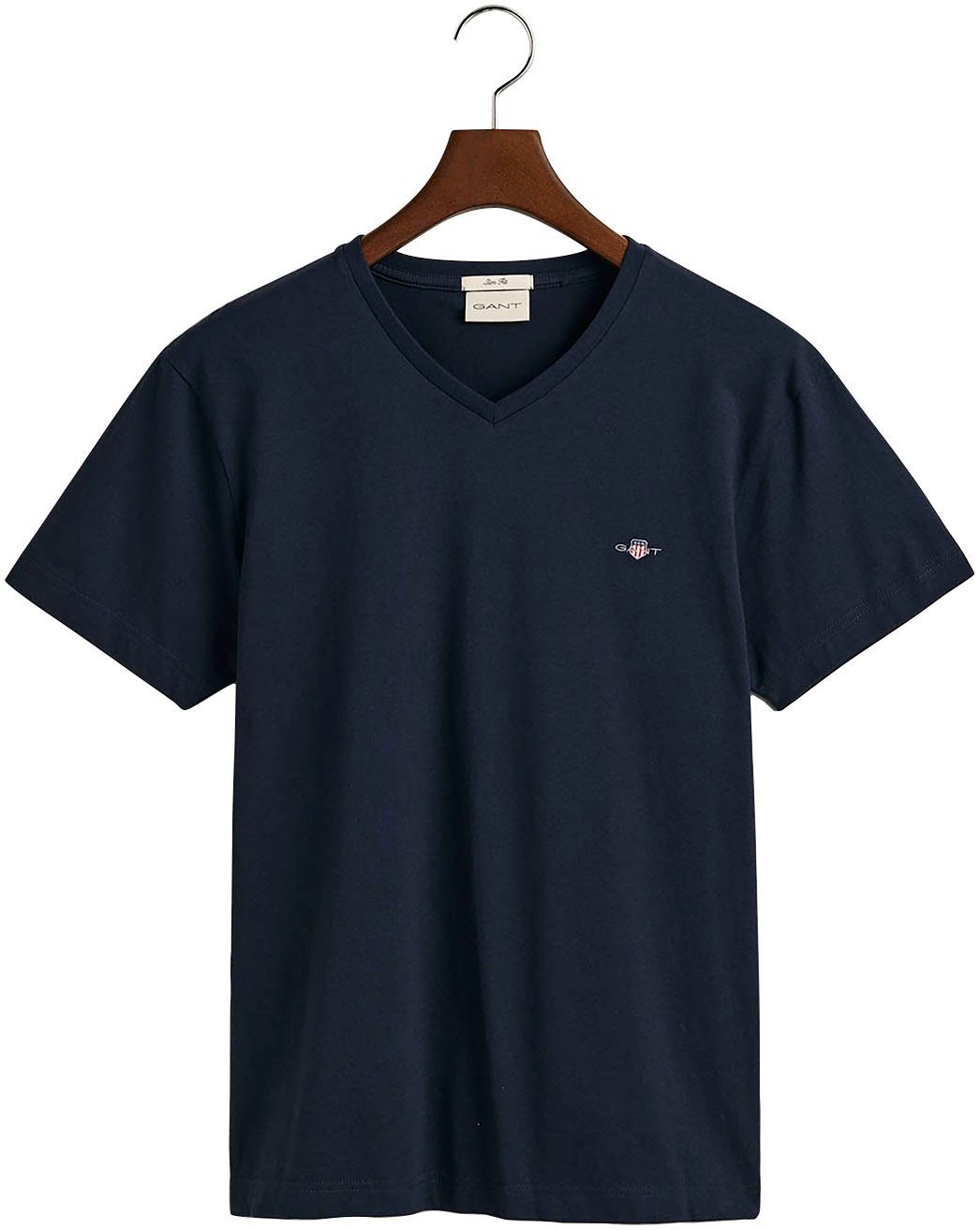 T-Shirt mit SLIM Logostickerei SHIELD V-NECK blue Brust auf T-SHIRT Evening kleinen einer Gant der