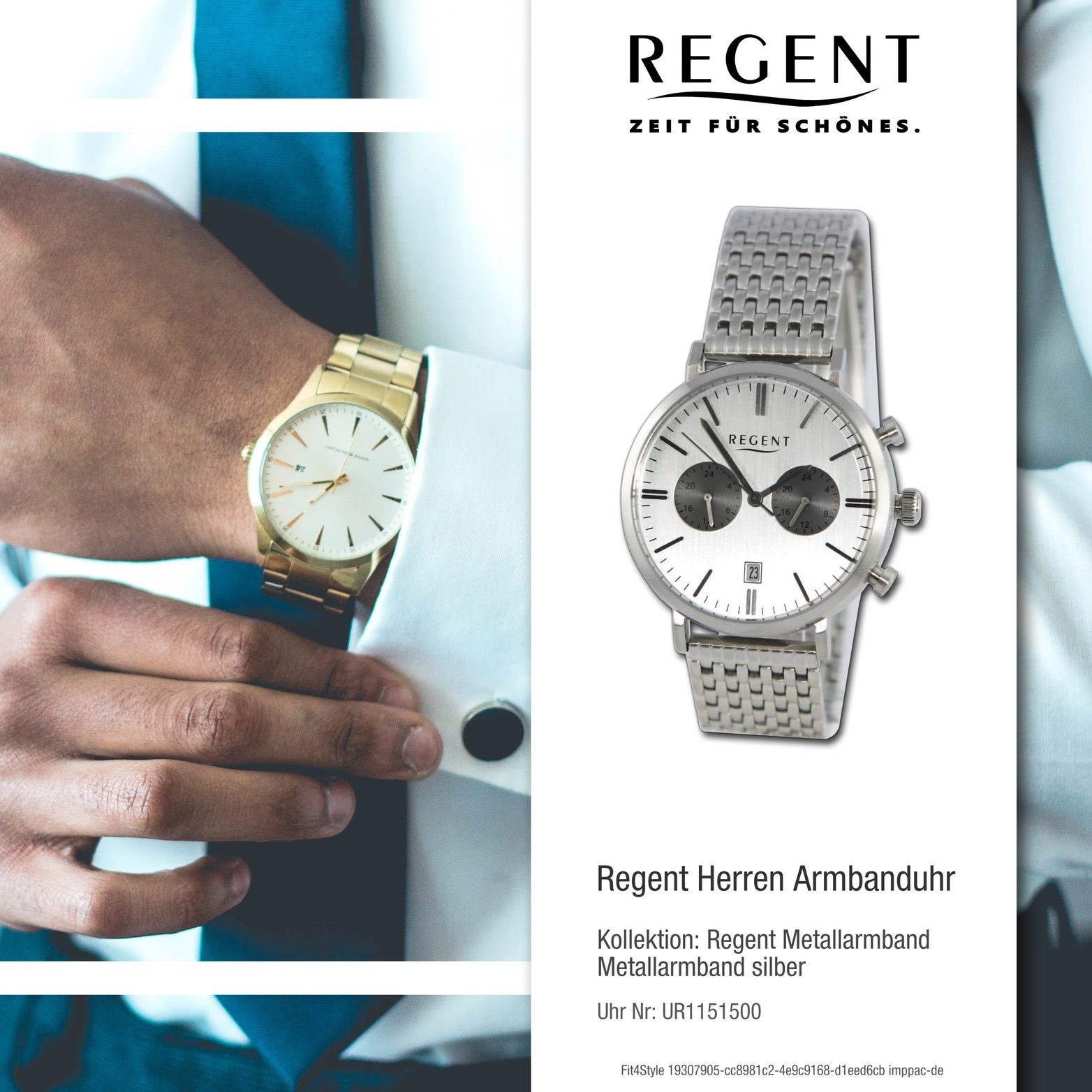 Regent Quarzuhr Regent Herren groß Gehäuse, extra Analog, 41mm) Armbanduhr silber, rundes Herrenuhr (ca. Metallarmband