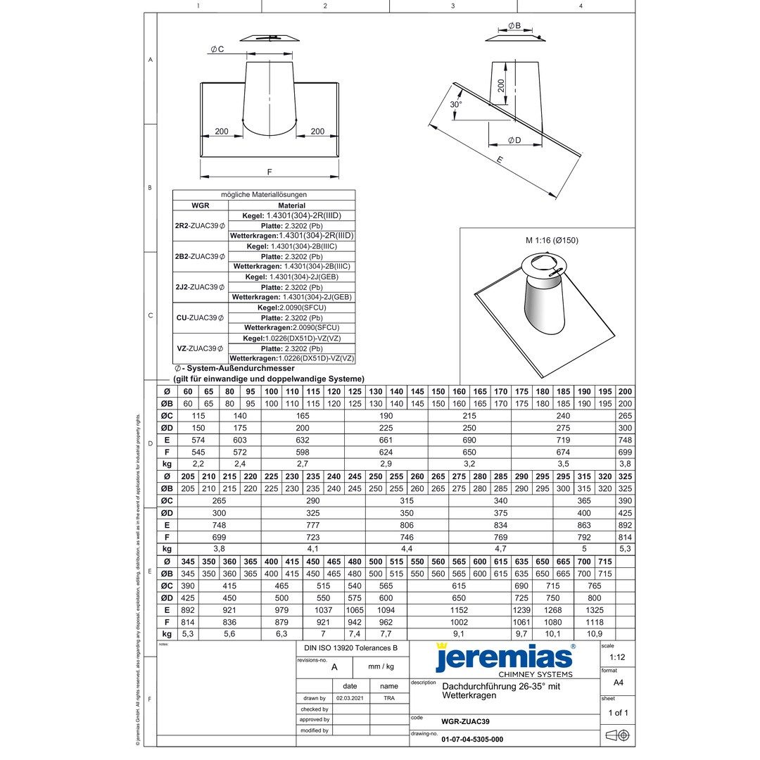 Jeremias Schornstein DW-ECO 2.0 Ø 130 mm - Dachdurchführung 26 - 35° mit Wetterkragen, Ø 130 mm