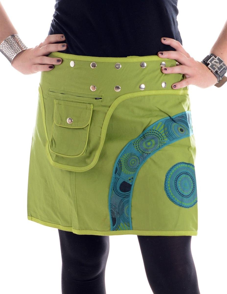 Vishes Wickelrock Größenverstellbarer Patchwork Mini Rock mit Tasche Cacheur, Hippie, Goa, Festival