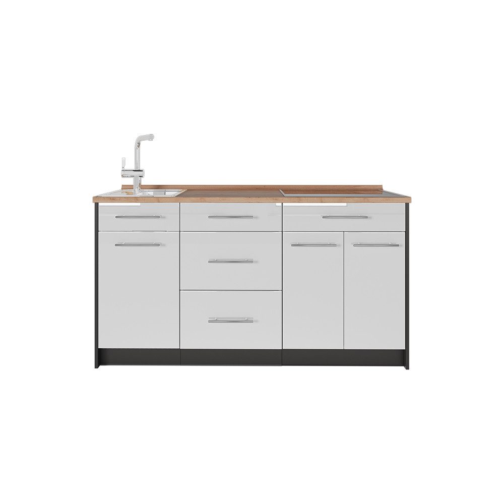 Vicco Küchenzeile Fame-Line, Weiß Hochglanz, 150 cm, AP Eiche