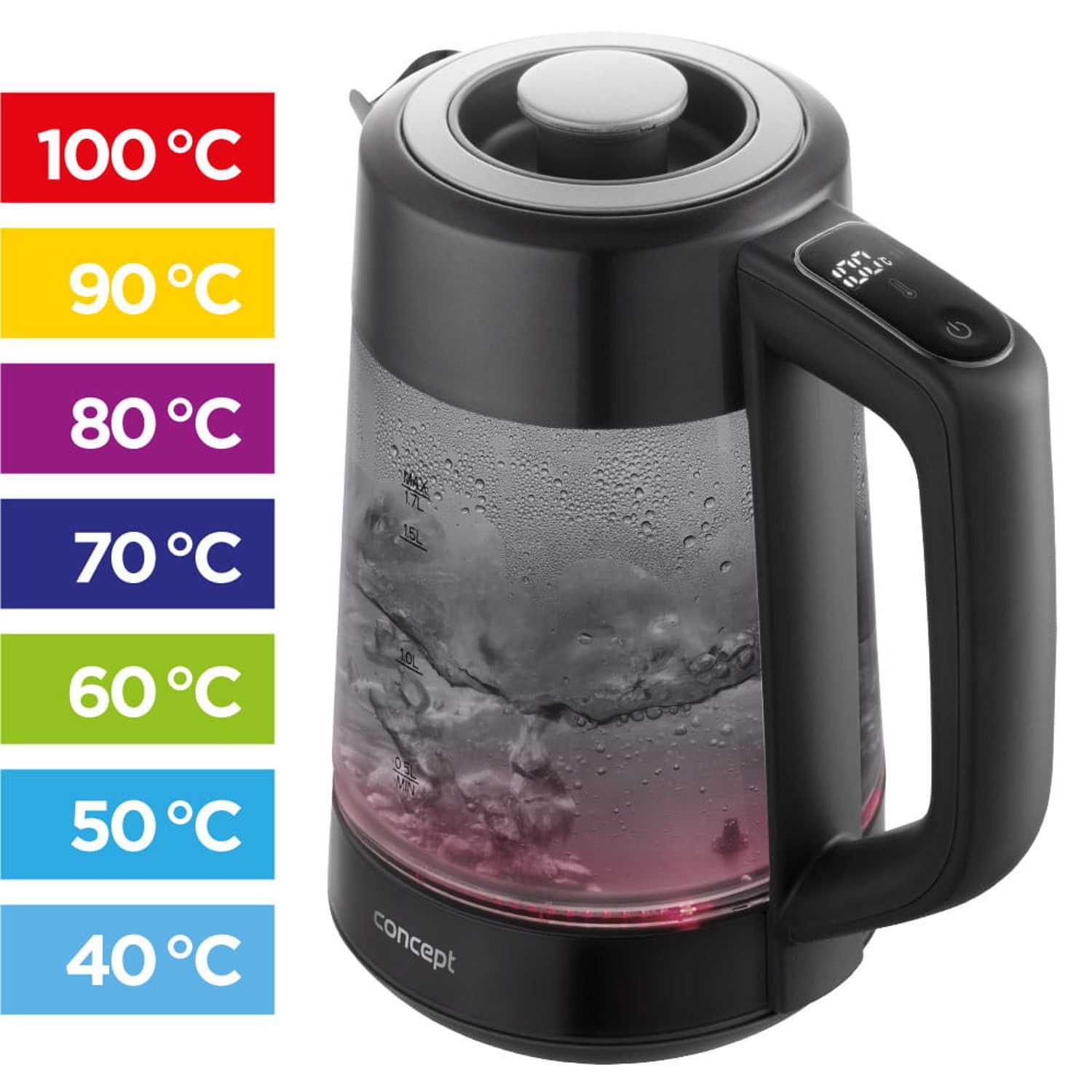 Concept Wasserkocher RK4195 Glas-Wasserkocher mit Temperaturregelung, 1,7 l, 2200 W, Fassungsvermögen 1,7 l, Leistung 1850–2200 W