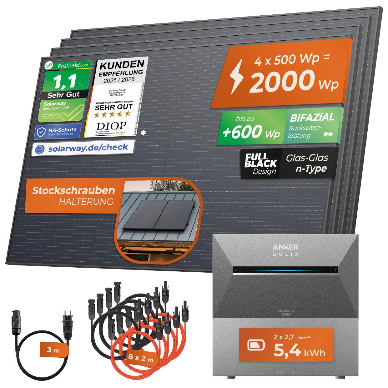 Solarway Balkonkraftwerk  2000Wp / 800W mit 5,4kWh Speicher komplett Steckdose - 5,4 kWh, Prismatische LiFePO₄-Zellen, Anker SOLIX 3 E2700 Pro