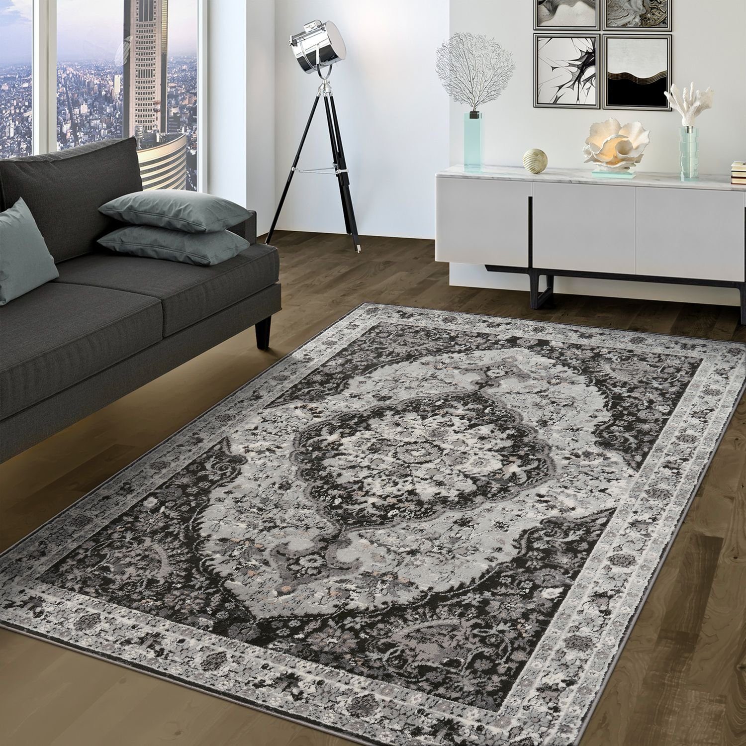 Teppich Wohnzimmer Teppich Kurzflor Modern Umrandung Ornamente, TT Home,  rechteckig, Höhe: 12 mm | Kurzflor-Teppiche