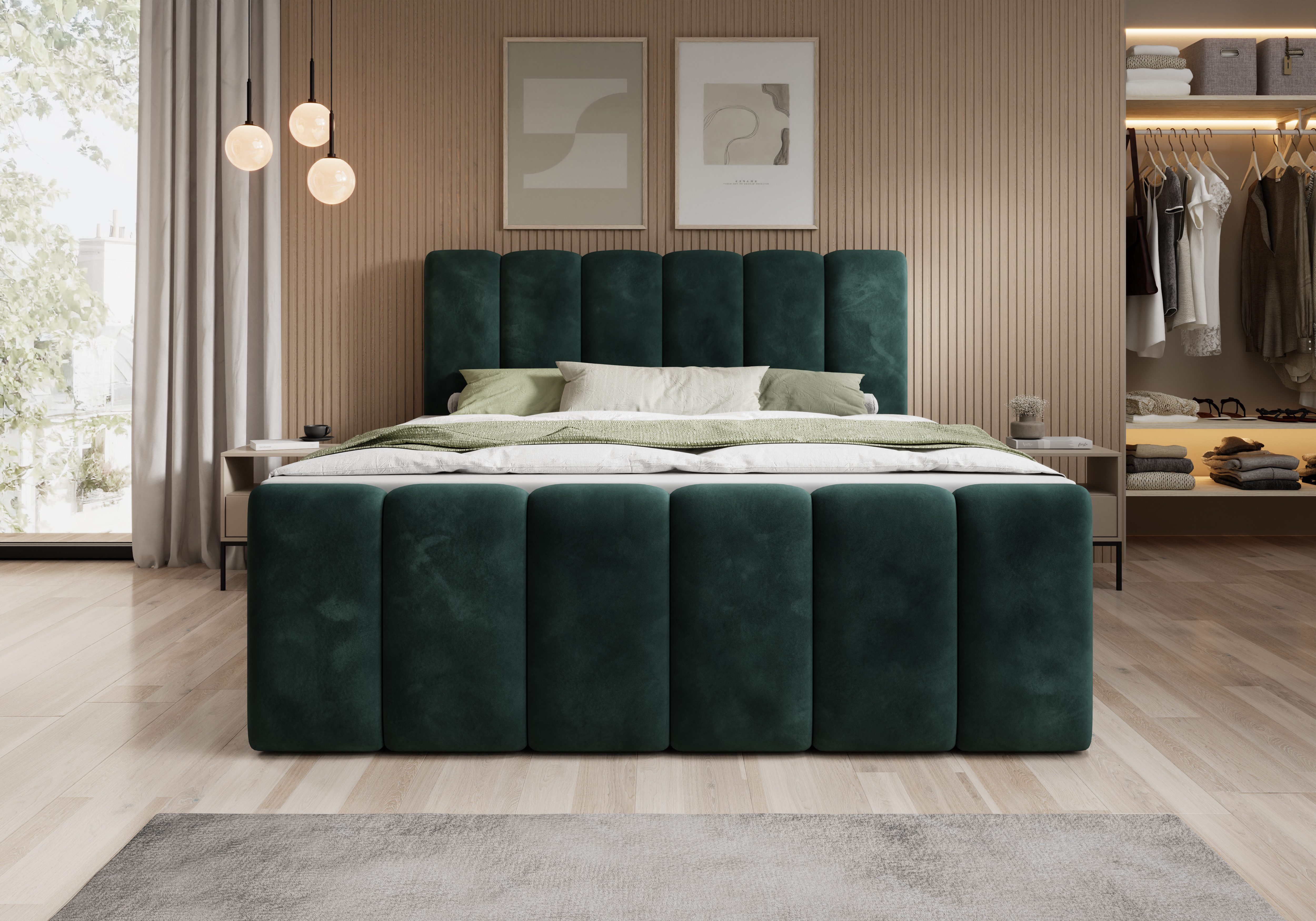 thematys Boxbett mit Bettkasten 140x200–200x200 cm – Velours oder Bouclé Bezug – (Polsterbett Bonnellfederkern Matratze H3 + Gratis 3cm Topper, Boxbett - Luxus  – Bild 2 von 5