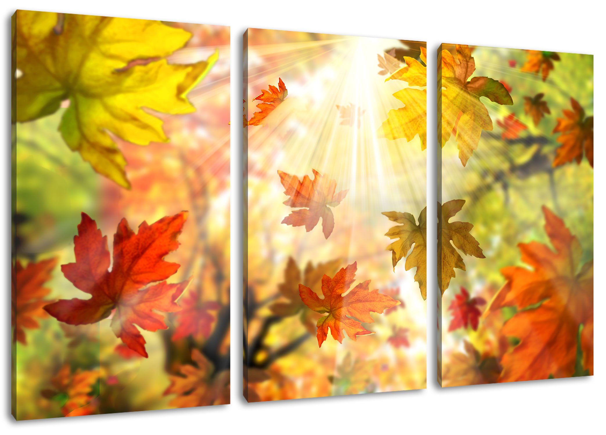 Pixxprint Leinwandbild Fliegende bunte Herbstblätter, Fliegende bunte Herbstblätter 3Teiler (120x80cm) (1 St), Leinwandbild fertig bespannt, inkl. Zackenaufhänger