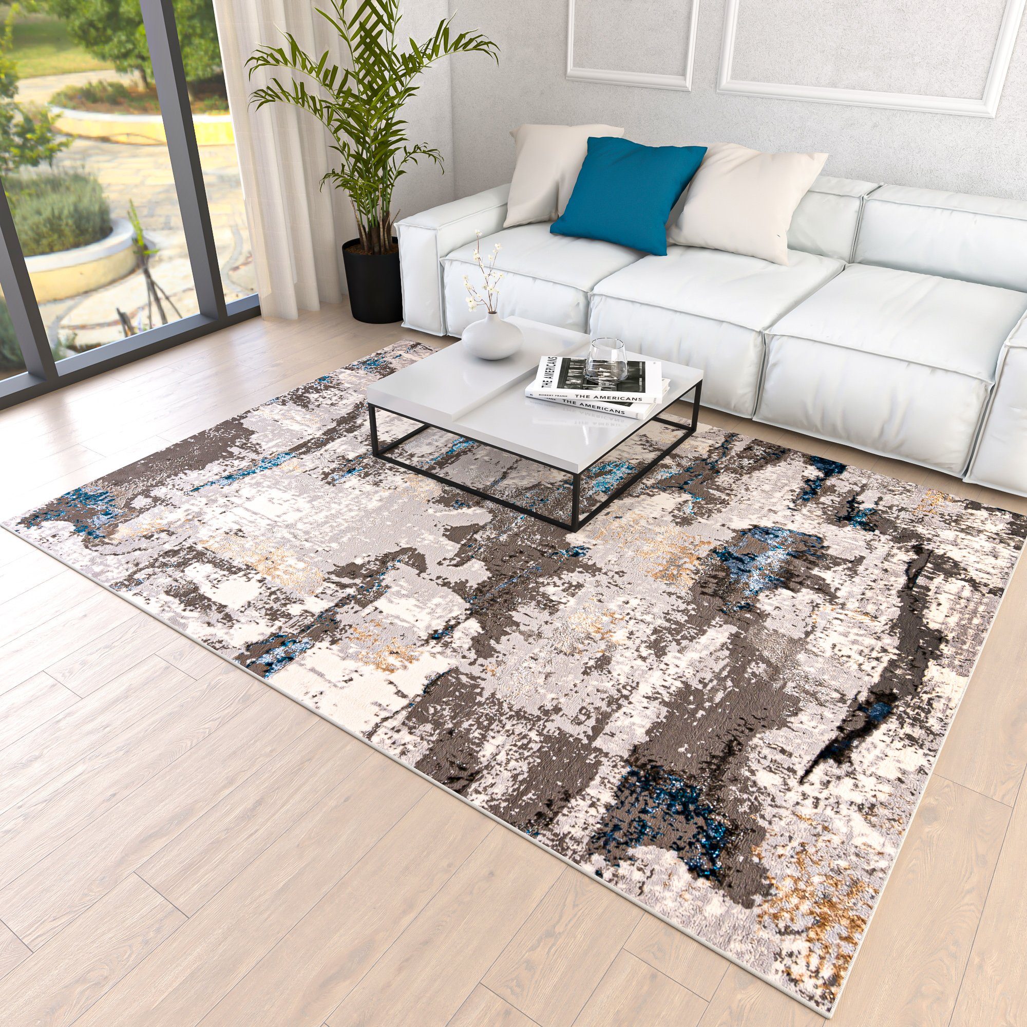 Designteppich Modern Teppich für Wohnzimmer - Abstrakt Muster, Beige Blau Grau, Mazovia, 80 x 150 cm, Abstrakt, Modern, Höhe 8 mm, Kurzflor - niedrige Florhöhe