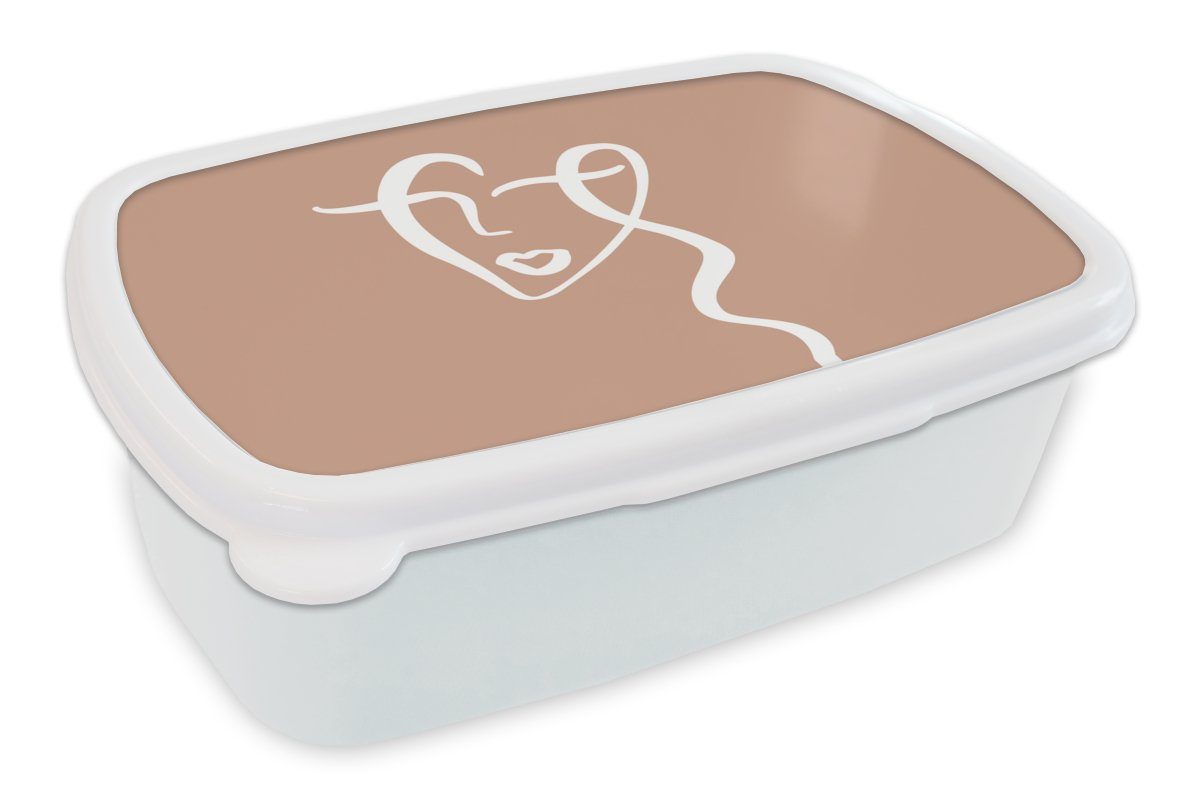 MuchoWow Lunchbox Gesicht - Abstrakt - Weiß - Braun, Kunststoff, (2-tlg), Brotbox für Kinder und Erwachsene, Brotdose, für Jungs und Mädchen
