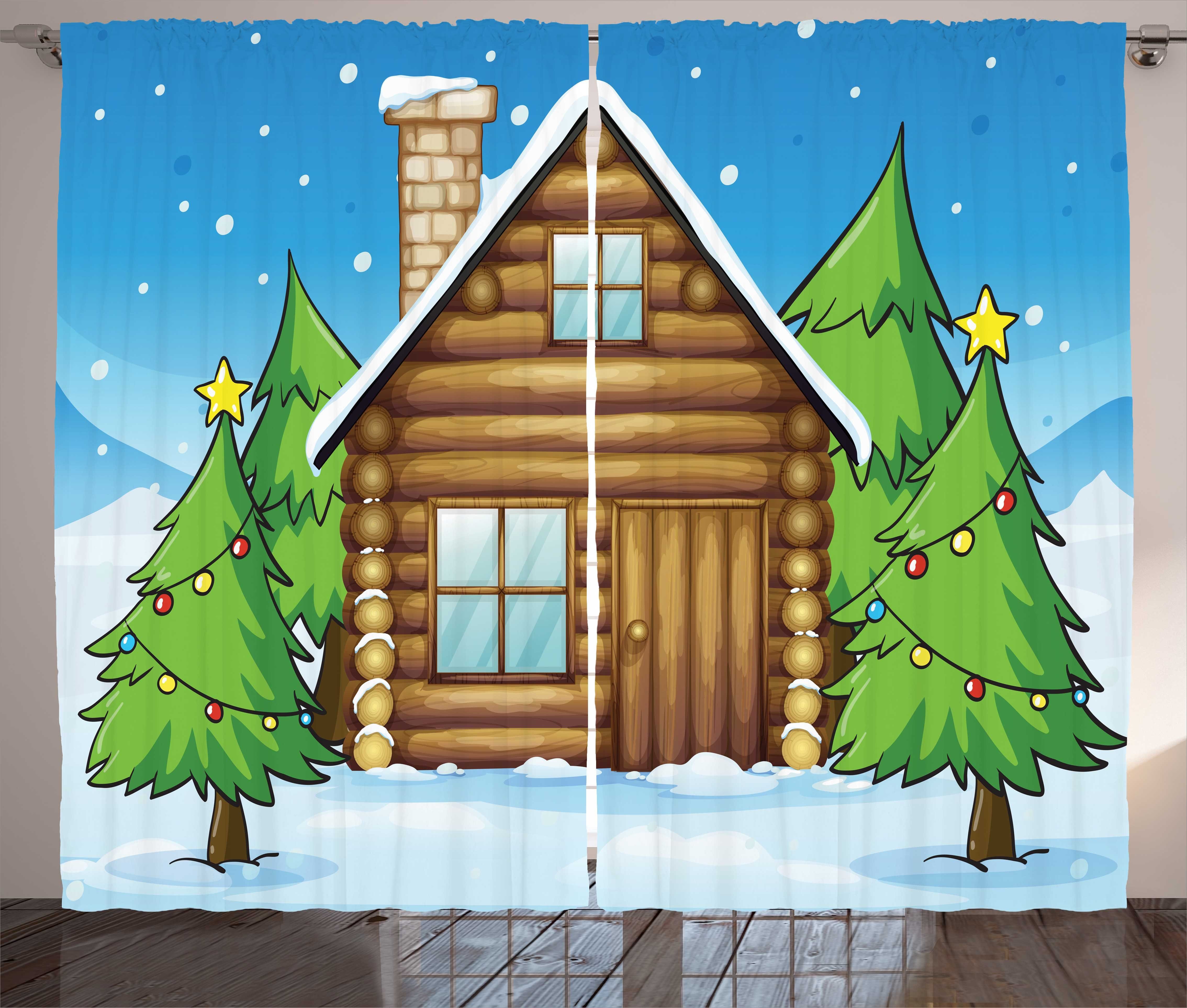 Gardine Schlafzimmer Kräuselband Vorhang mit Schlaufen und Haken, Abakuhaus, Blockhaus Kabine und Firs im Winter