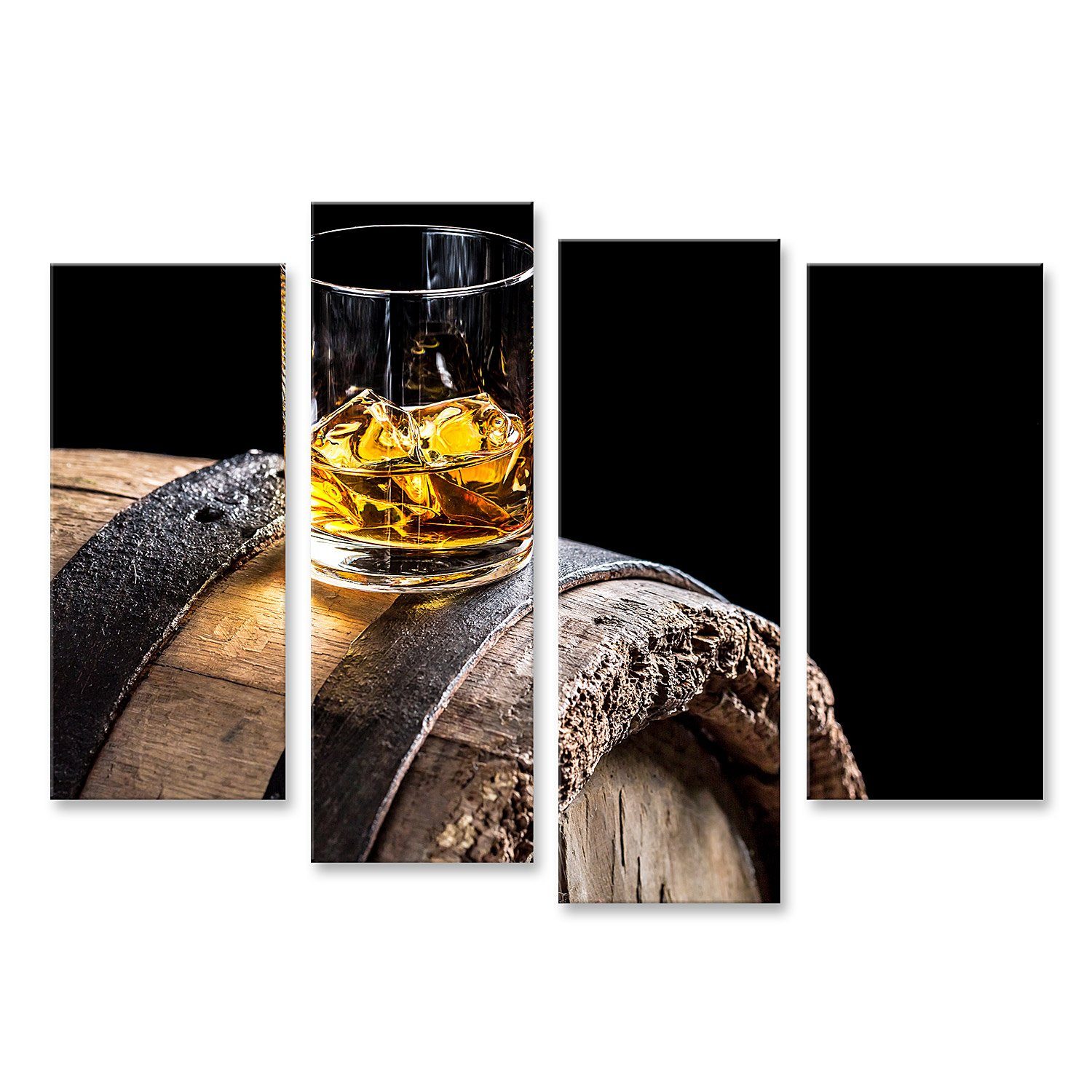 Leinwandbild Bild auf Leinwand Glas Whisky Mit Eis Auf Alten Eichenfass Wandbild L