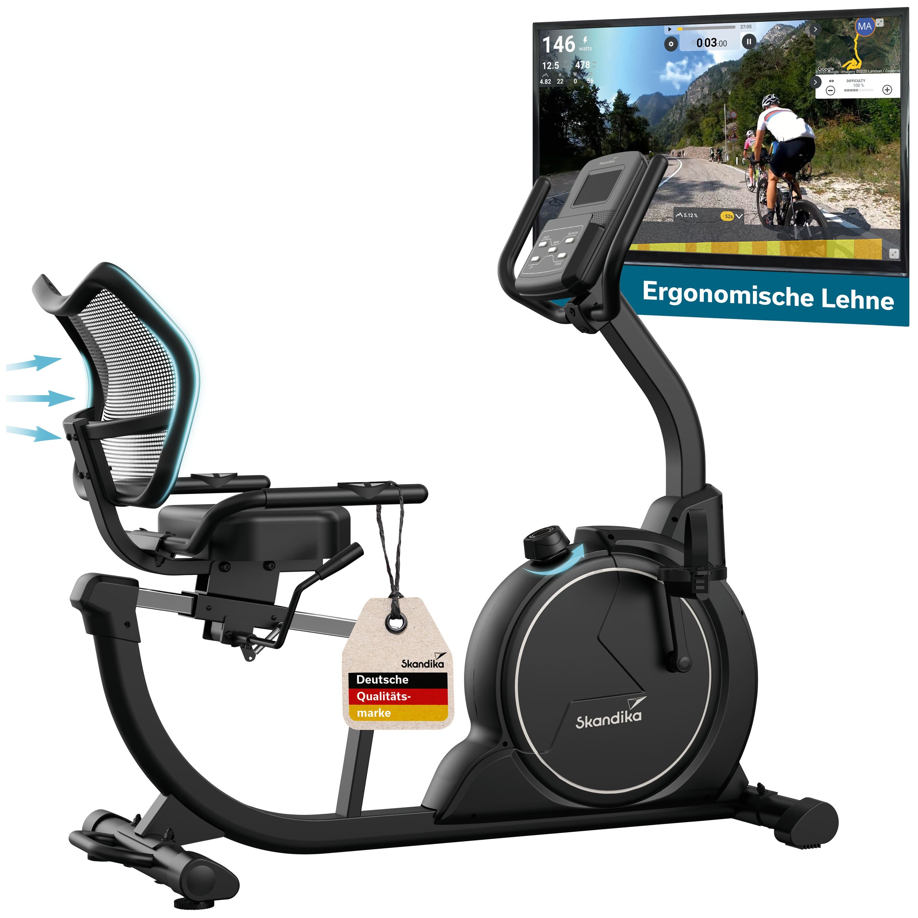 Skandika Liege-Heimtrainer Cykling P8-H Comfort, Heimtrainer Fahrrad, LCD Display, Magnetbremse, 16 Widerstandsstufen, bis 120 kg/195 cm, Bluetooth, App-Konnektivität