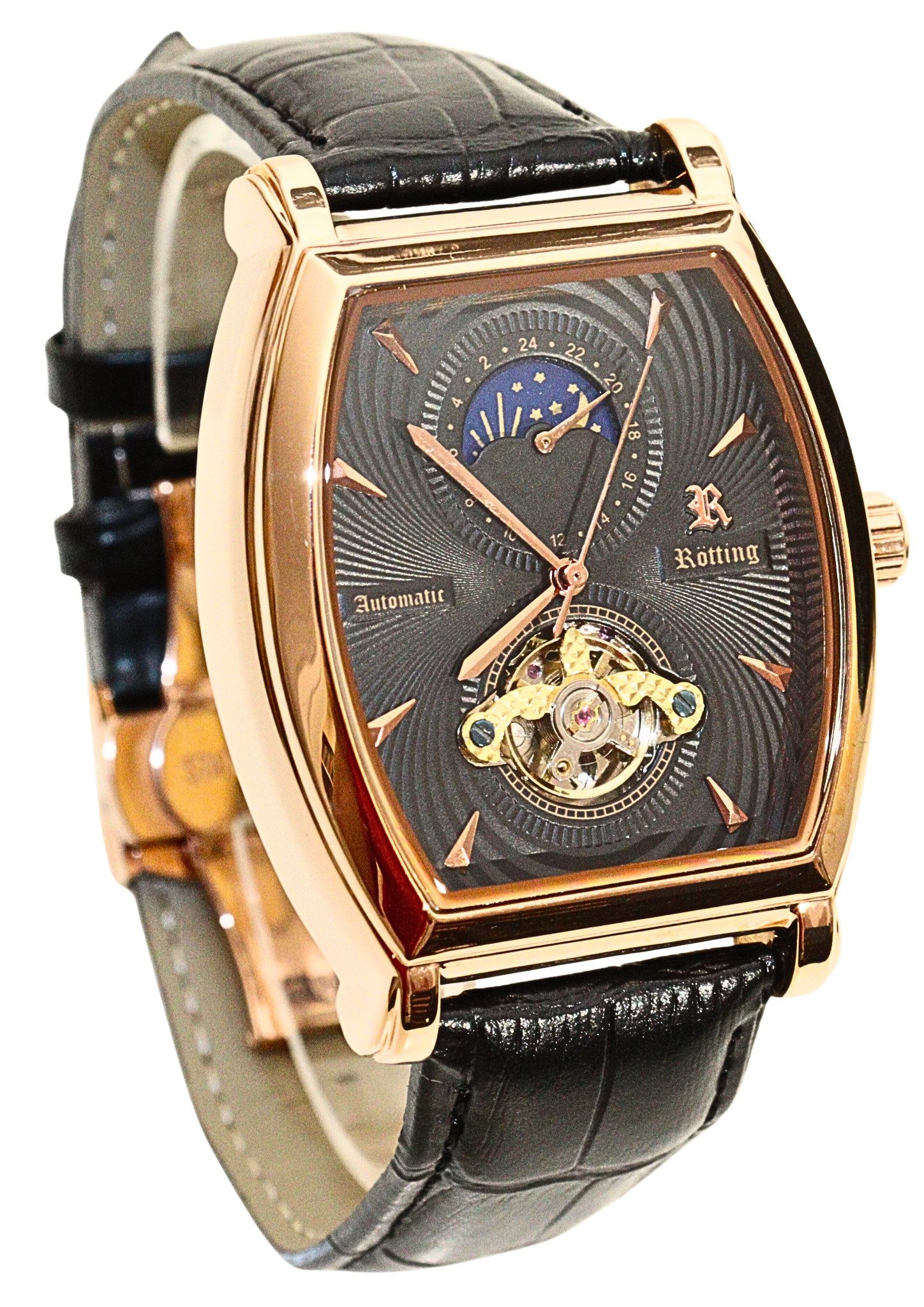 Rötting Design Automatikuhr Herrenuhr Tag/Nacht Phase offene Unruhe schwarzes Ziffernblatt, goldrosefarbenes Gehäuse