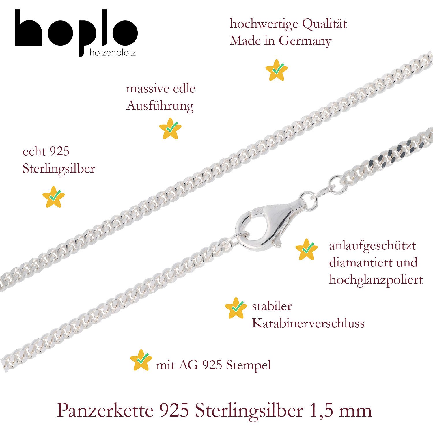 HOPLO Panzerkette Silberkette Panzerkette Länge 36cm - Breite 1,5mm - 925 Silber, Made in Germany – Bild 3 von 5