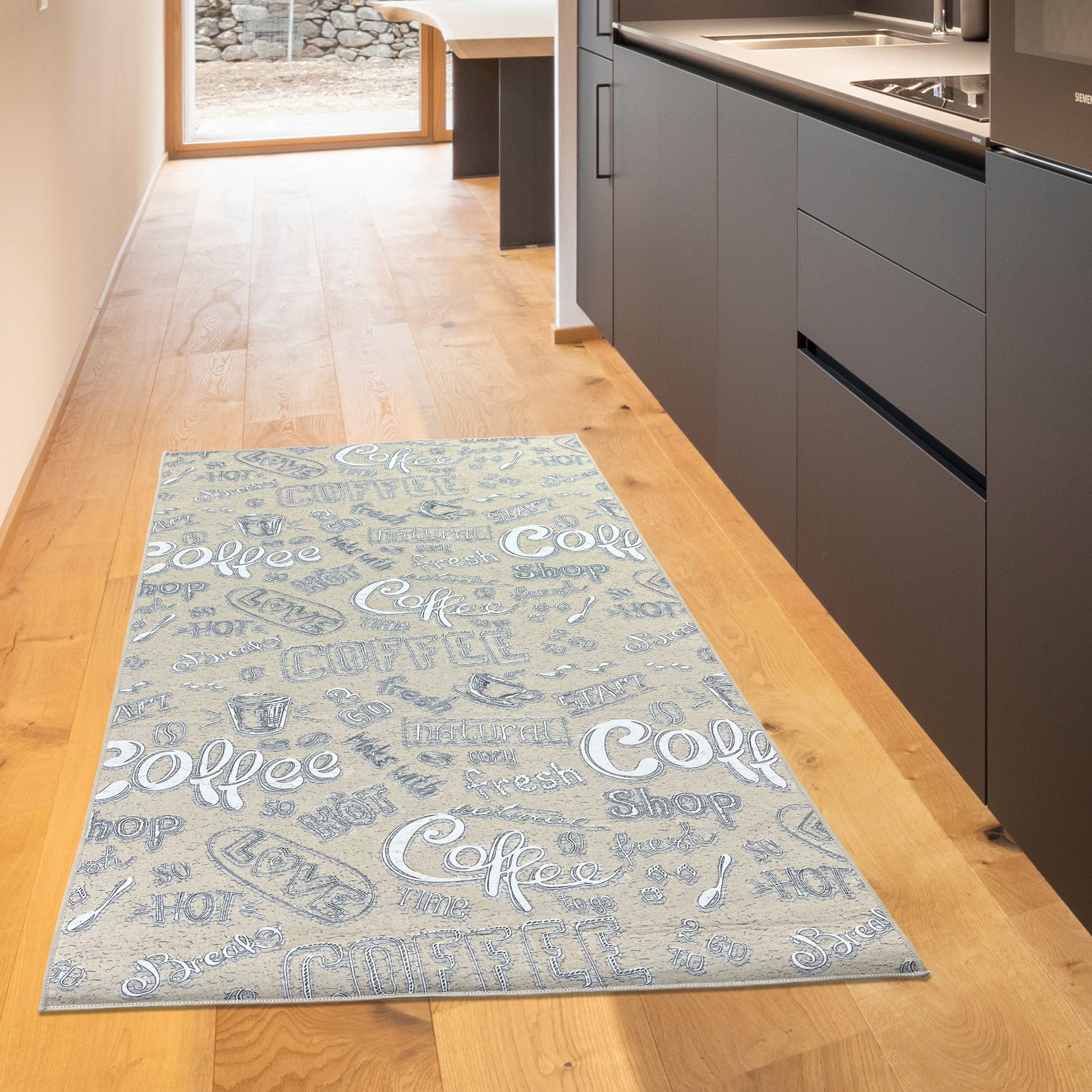 TeppichHome24 Teppich Waschbarer Küchen-Teppich mit „Coffee“ Schriftzug in weiß, rechteckig, Höhe: 5 mm