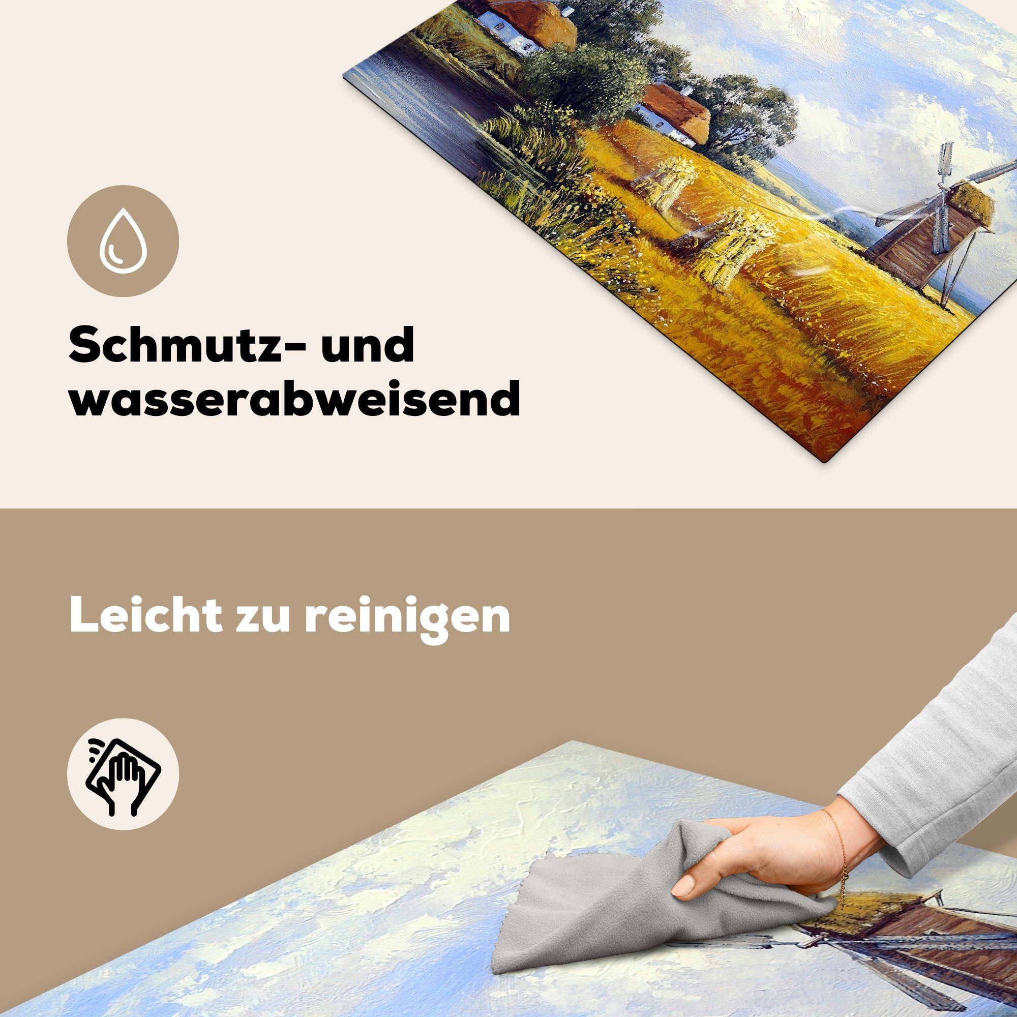 MuchoWow Herdblende-/Abdeckplatte Gemälde 70x52 Ölfarbe, Bauernhof Mobile Mühle (1 Arbeitsfläche cm, - tlg), Vinyl, - nutzbar, Ceranfeldabdeckung 