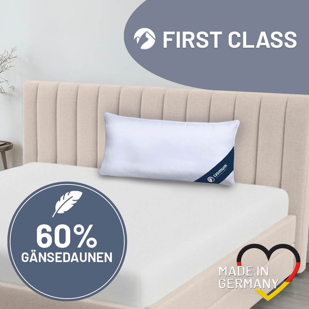 casimum Daunenkissen FIRST CLASS Daunenkissen 80x80, Kopfkissen 40x80, weich & kuschelig, Füllung: 60% Gänsedaunen / 40% Gänsefedern, Klasse 1, Downpass zertifiziert, Bezug: 100 % Baumwolle, Seitenschläfer, Rückenschläfer, hergestellt in Deutschland, für Allergiker geeignet, 80x80cm, 40x80cm