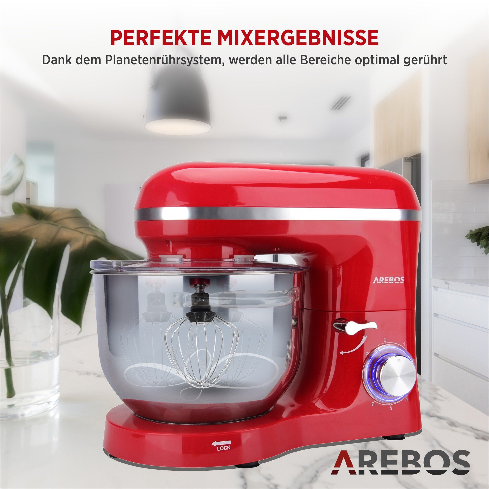 Arebos Küchenmaschine 6L Edelstahl-Rührschüssel, 1500 W, inkl. Rührhaken, Knethaken, Schneebesen, Spritzschutz – Bild 5 von 5