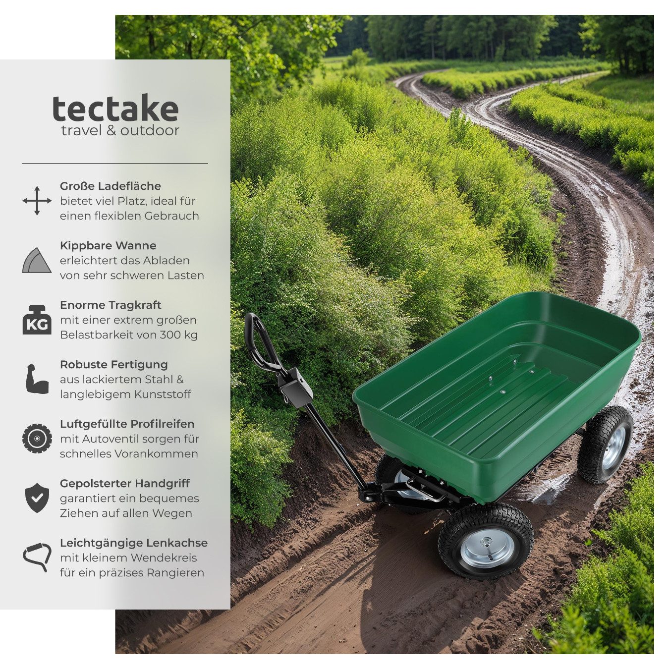 tectake Bollerwagen Handwagen Tummi mit luftgefüllten Reifen Belastbarkeit 300kg (1 Transportwagen, 1-tlg., 125L Volumen in Grün), mit Kippfunktion, leichtgängige Lenkachse, gepolsterter Griff